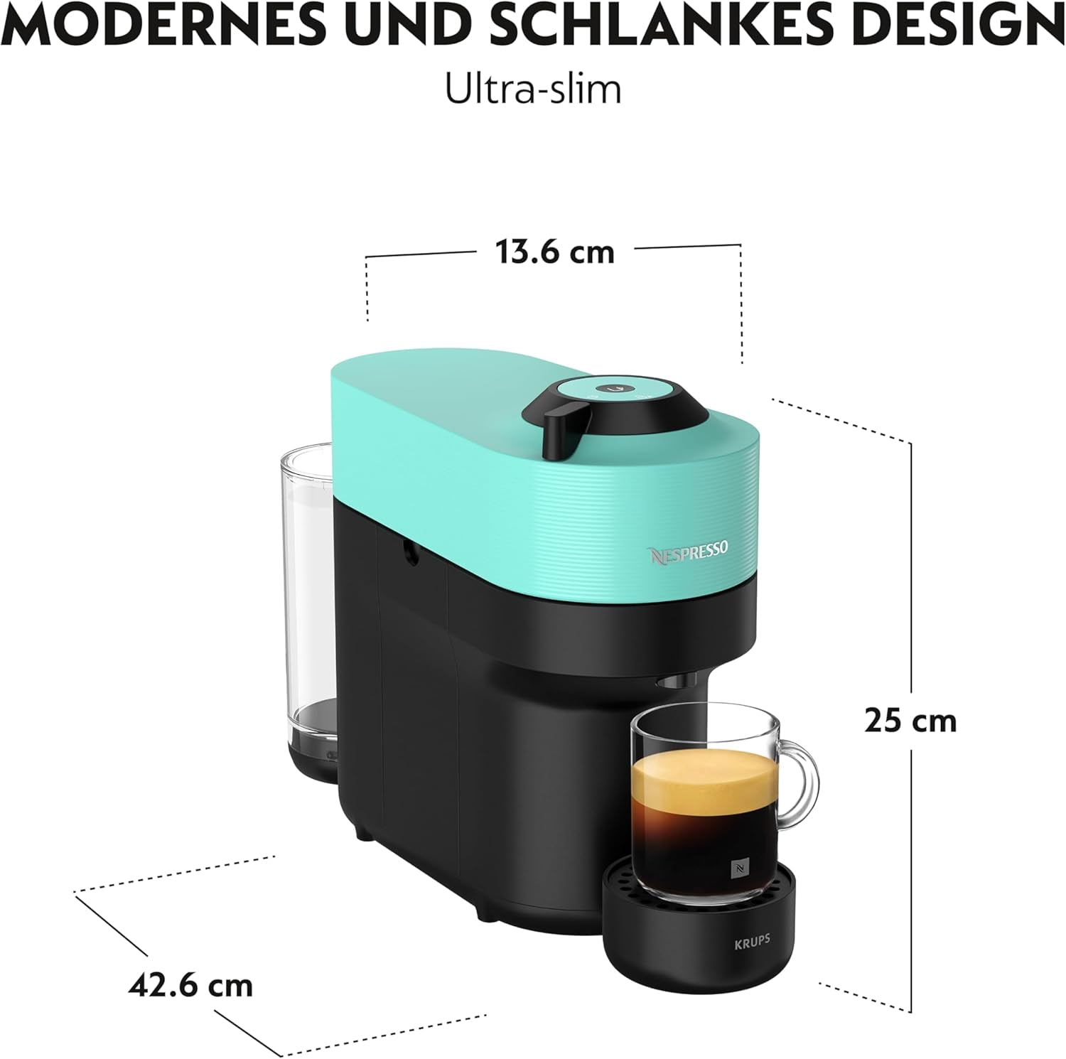 Macchina per caffè espresso con capsule Nespresso Krups Vertuo Pop, capacità: 560 ml, riconoscimento automatico delle capsule, sistema one-touch, 4 dimensioni di tazza, tempo di riscaldamento ridotto, sostenibile, Aqua Mint, XN9204