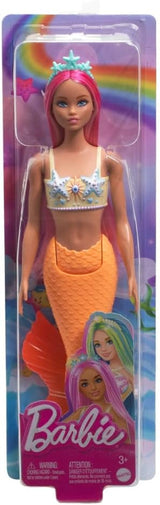 Barbie Sirena con capelli rosa fantasia e fascia per capelli, bambola con testa di stella marina e morbida pinna caudale arancione, HRR05
