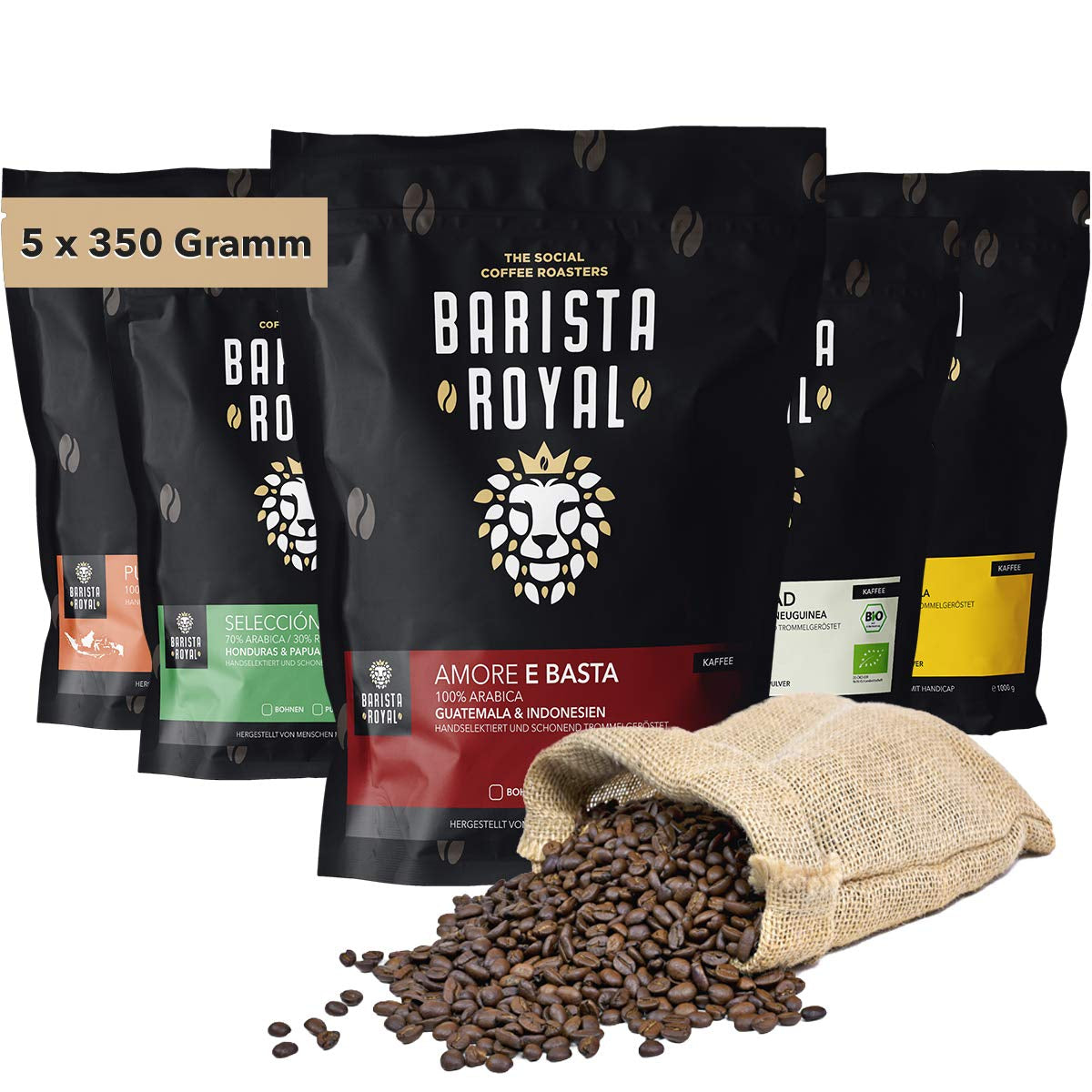 Set Degustazione Caffè in Grani Interi 5 x 350g | Pacchetto Discovery Chicchi di caffè in set regalo | Arabo | Commercio equo e solidale | Vegano | Ideale per macchine da caffè automatiche, macchine da caffè con filtro, macchine da caffè pour-over e French Press | BARISTA REALE
