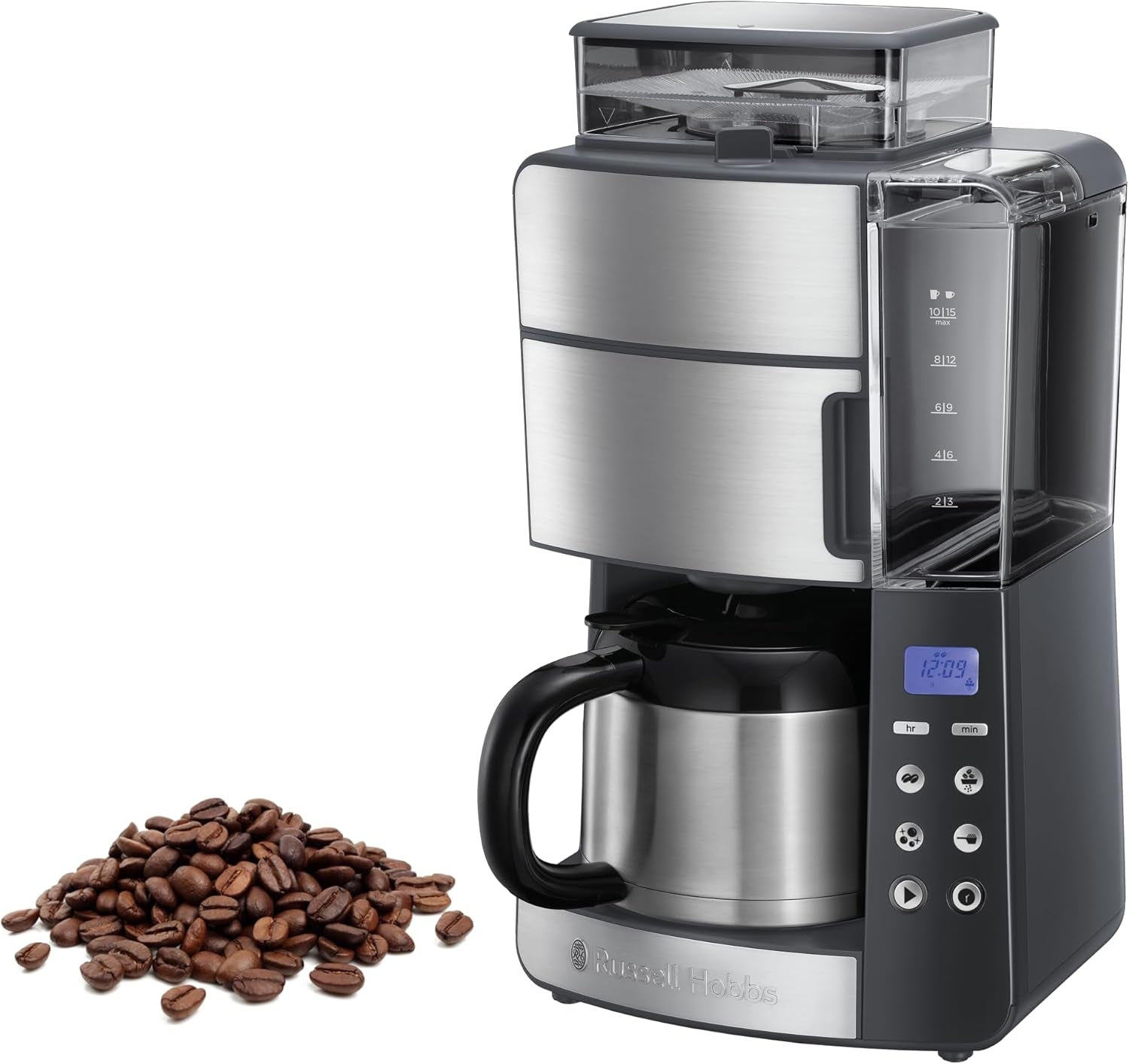 Caffettiera Russell Hobbs con macinacaffè e caraffa termica [Timer digitale, soffione doccia per estrazione e aroma ottimali] Grind&Brew (1-10 tazze, 3 impostazioni di macinatura) Caffettiera con filtro 25620-56