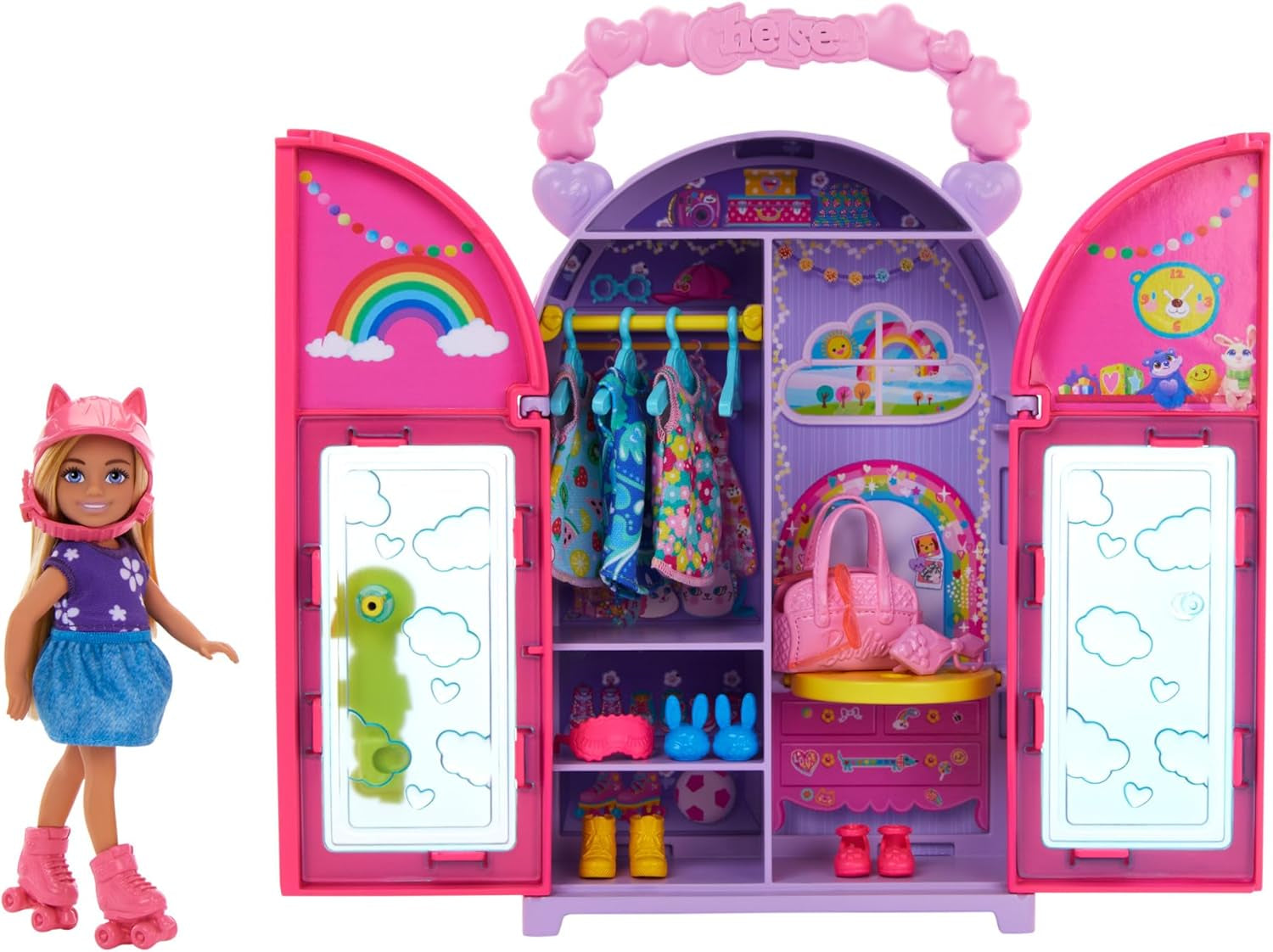 Barbie Chelsea - Set da gioco per bambola e guardaroba, con vestiti e accessori, set da 17 pezzi, pieghevole per giocare e riporre in viaggio, HXN03 Titolo predefinito per bambole Naty Shop