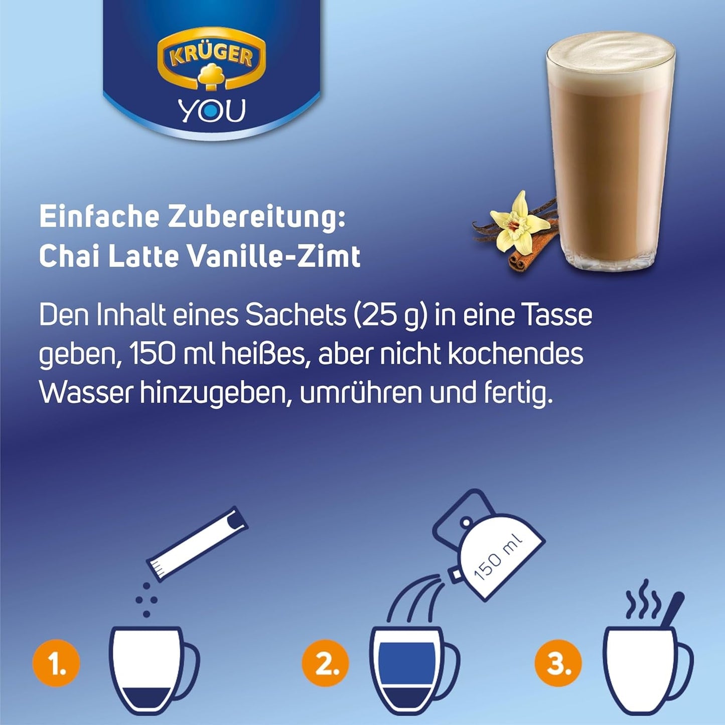 KRÜGER YOU Chai Latte Vanilla Cinnamon, preparato istantaneo per bevande a base di latte, aromatizzato con vaniglia e cannella, 250 g (10 buste da 25 g)