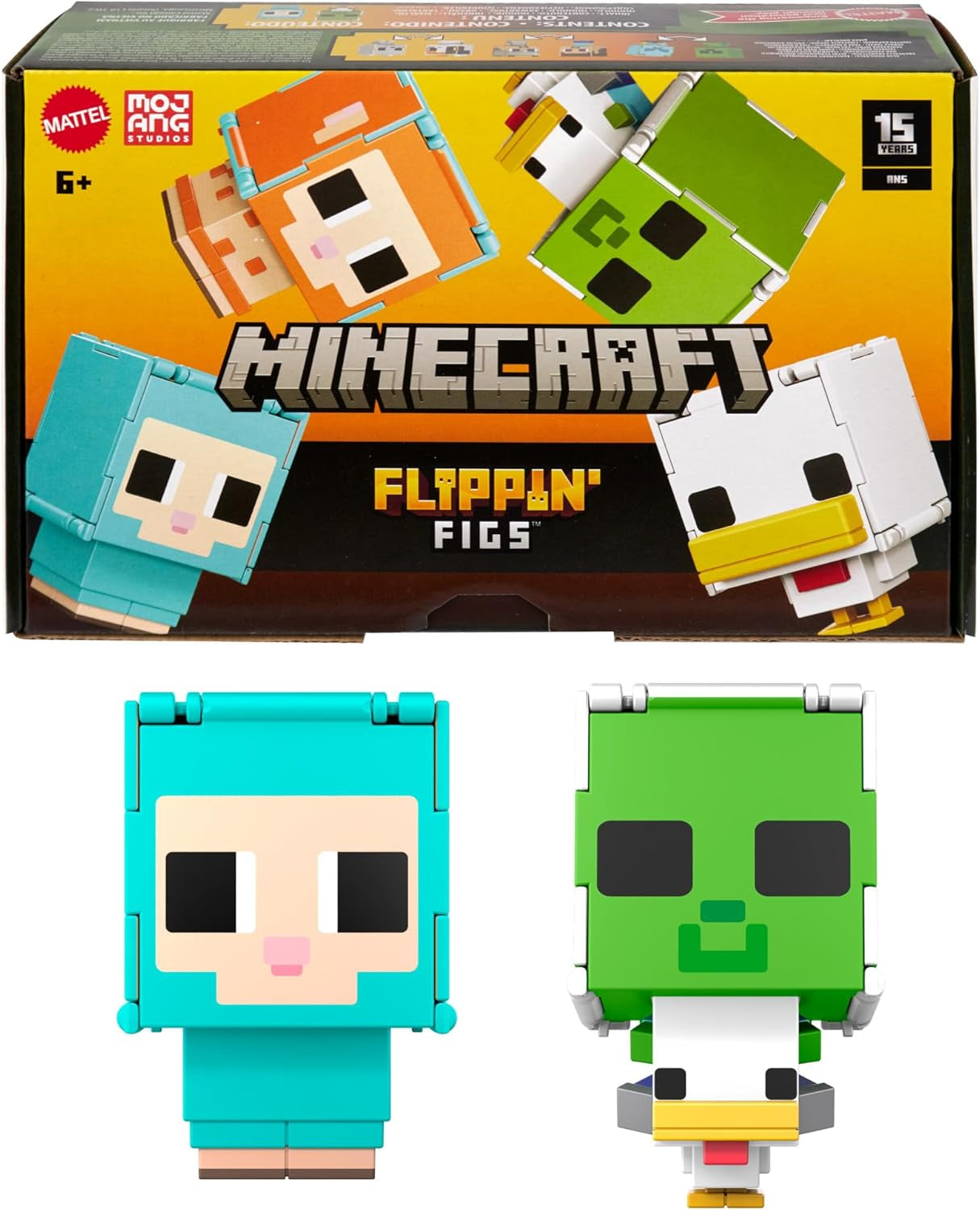 Mattel Minecraft Flippin' Figs Sheep and Chicken Confezione da 2 con personaggi di gioco 2 in 1, teste grandi e design pixel HXK17 Action Figure Naty Shop Sheep and Chicken