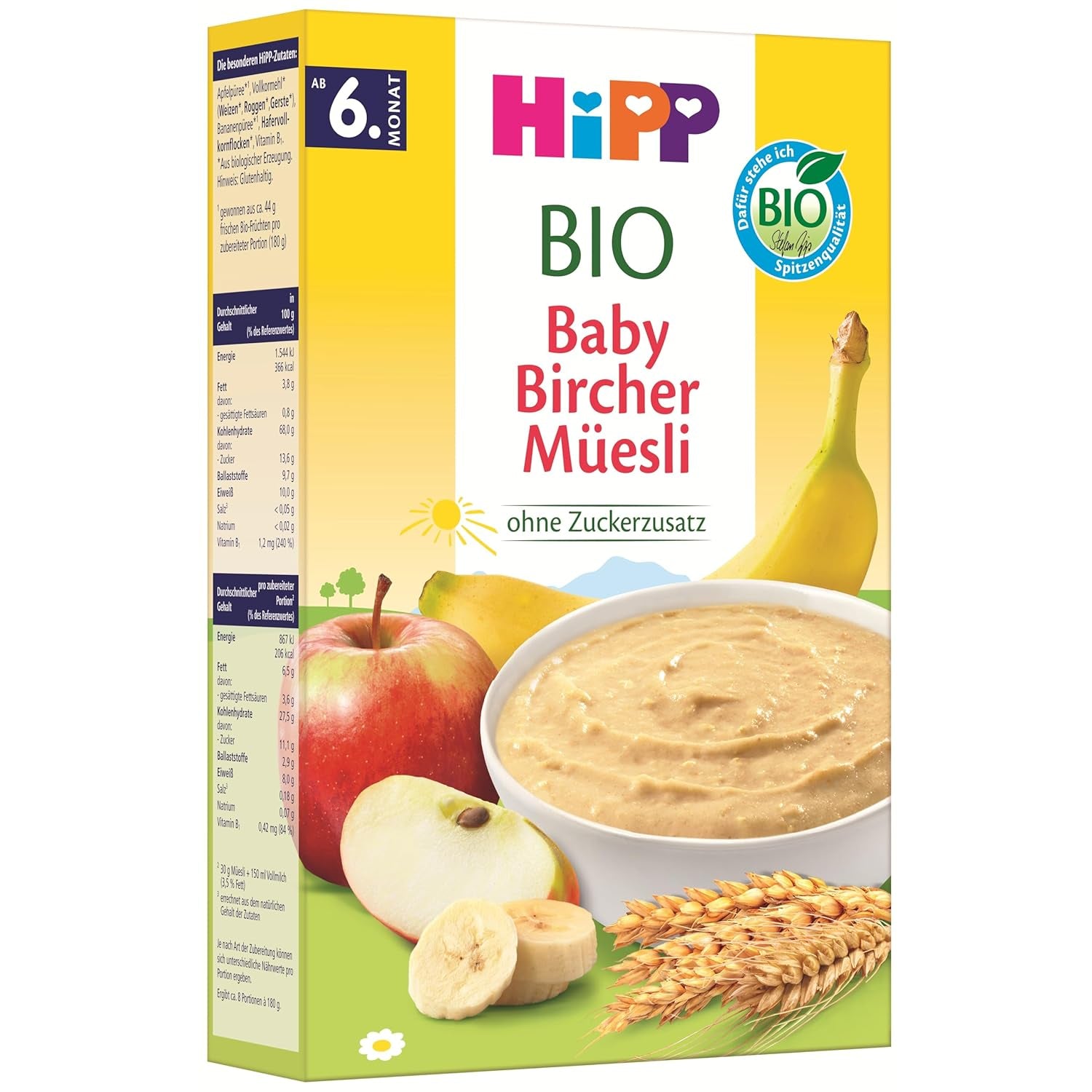 HiPP Muesli Bircher per neonati biologici (8 x 250 g), a partire da 6 mesi, senza zuccheri aggiunti, fiocchi di cereali extra morbidi - colazione facilmente digeribile della migliore qualità biologica