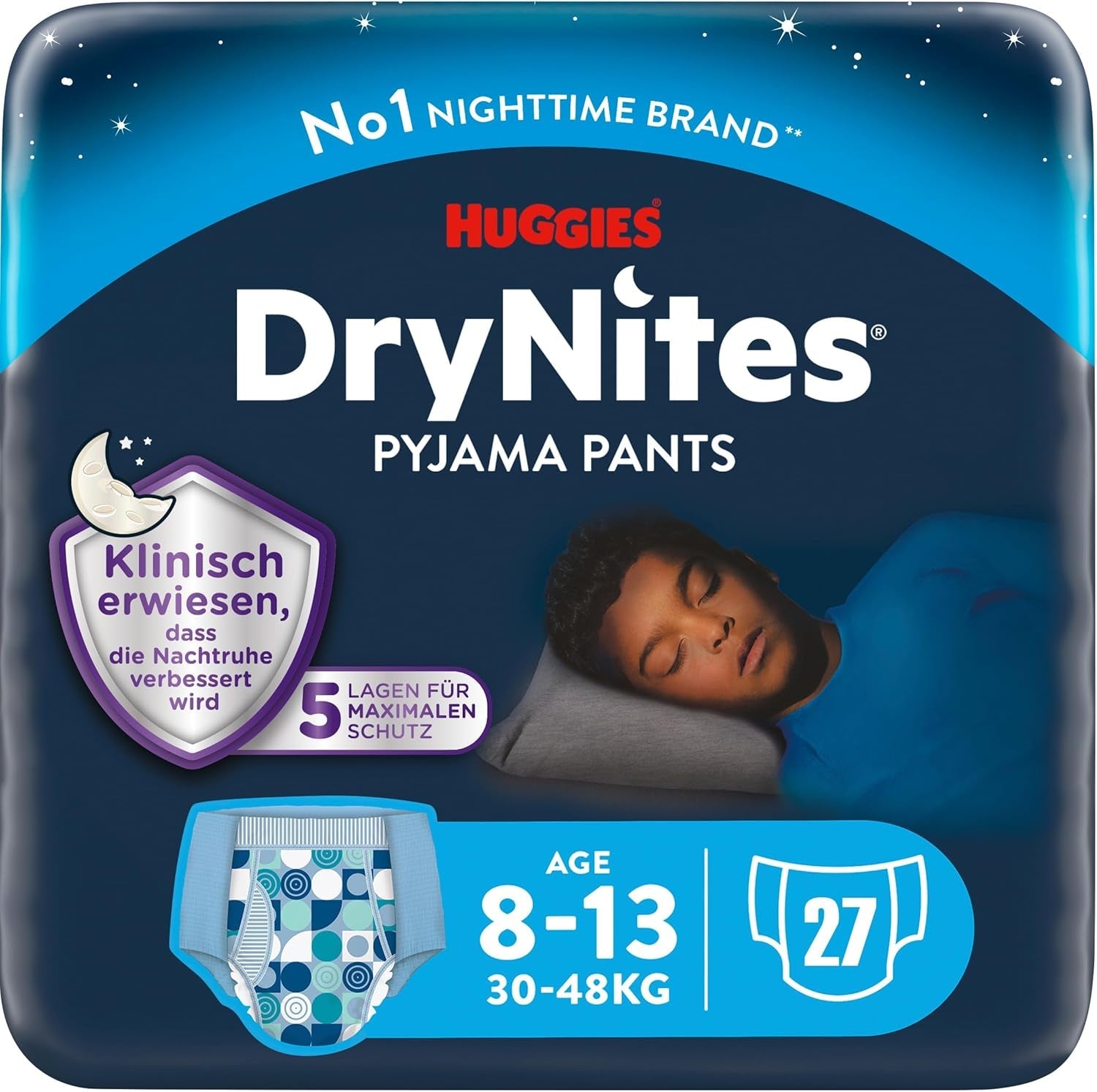 Huggies DryNites Pannolini bagnanti notturni super assorbenti per ragazzi 8-13 anni (30-48 kg) 27 pannolini (3 x 9 pezzi)