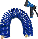 Relaxdays Tubo Flessibile da Giardino a Spirale Allungabile Fino a 10 Metri con Spruzzatore 7 Tipi di Getto Blu 25 x 52 x 15 cm
