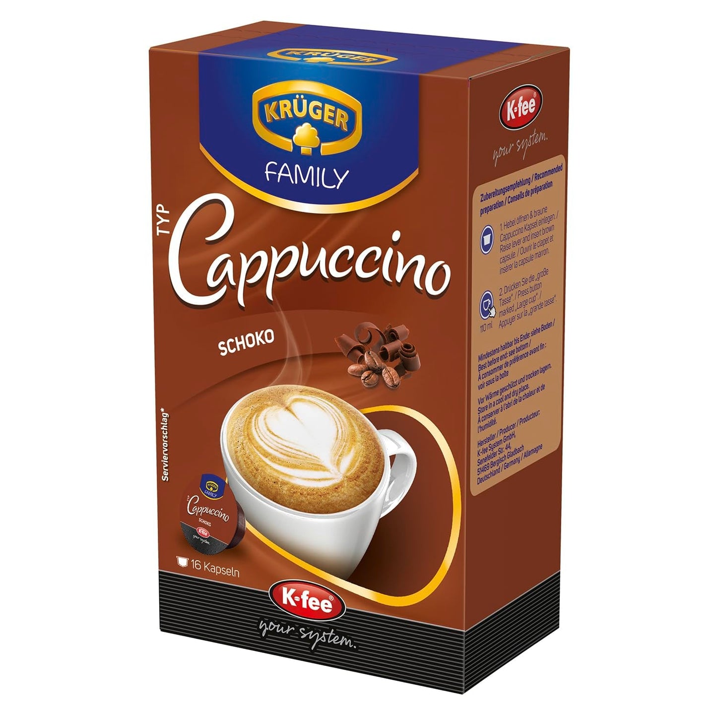 KRÜGER Cappuccino Schoko Capsule di caffè, compatibili con K-fee e ALDI EXPRESSI* Kapselmaschinen, caffè solubile aromatizzato, 96 capsule
