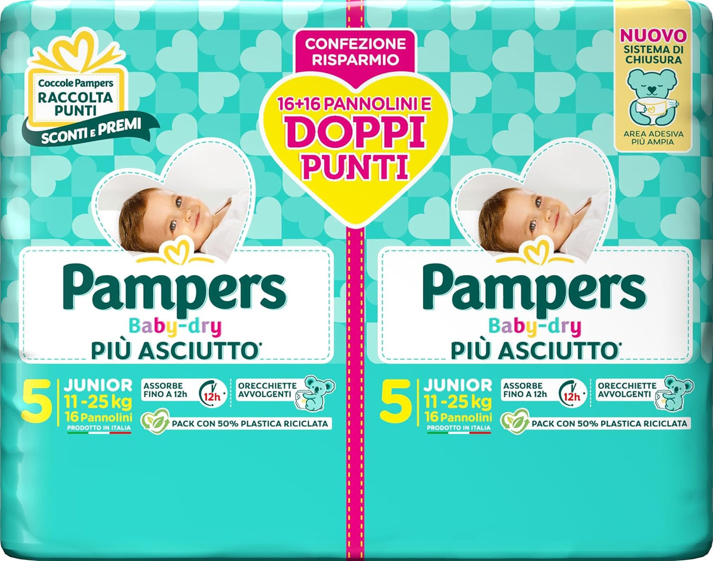Pannolini Pampers Baby Dry Junior DWCT, confezione doppia, taglia 5 (11-25 kg), 32 pannolini