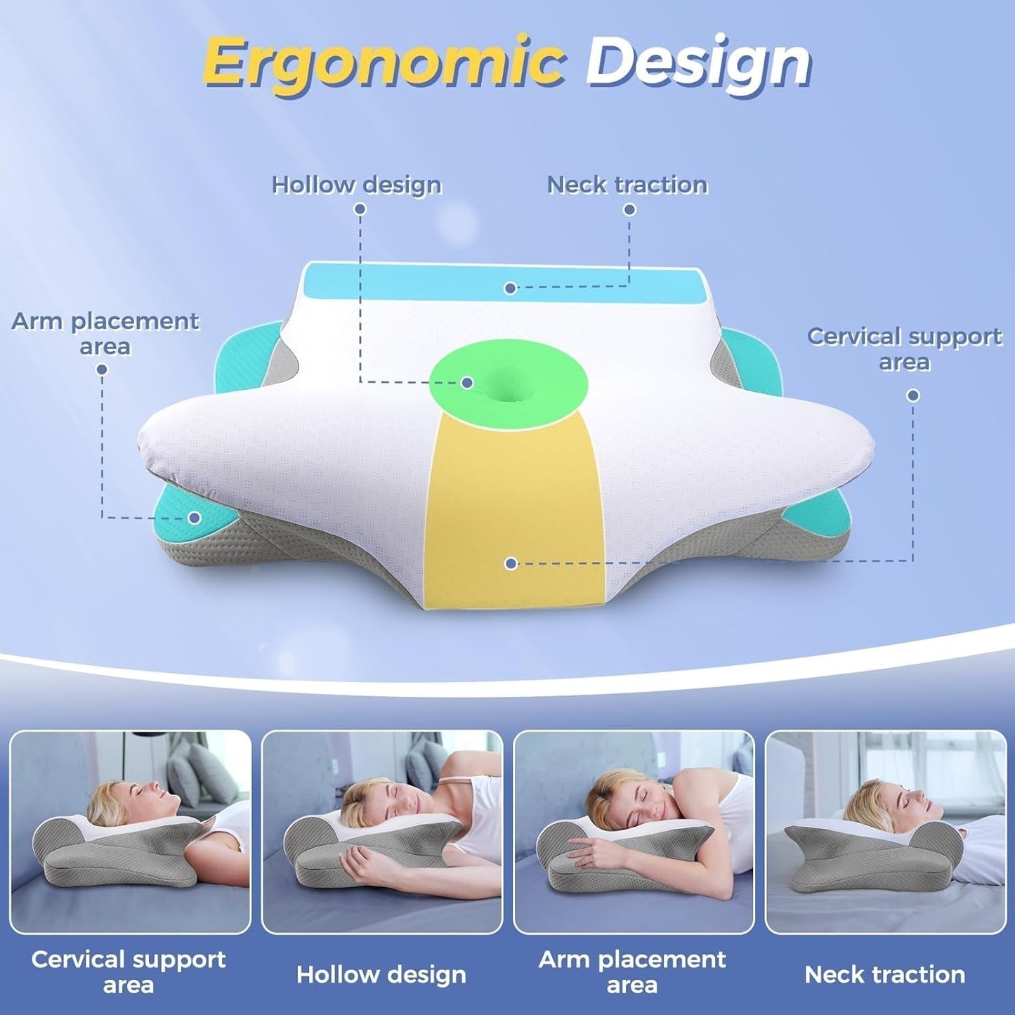 SAHEYER Cuscino per il collo 2 in 1 Cuscino ergonomico per il supporto del collo e cuscino per il collo Cuscino ortopedico per chi dorme sul fianco Cuscino in memory foam per chi dorme sul fianco Schiena e stomaco Cuscini cervicali ortopedici Naty Shop