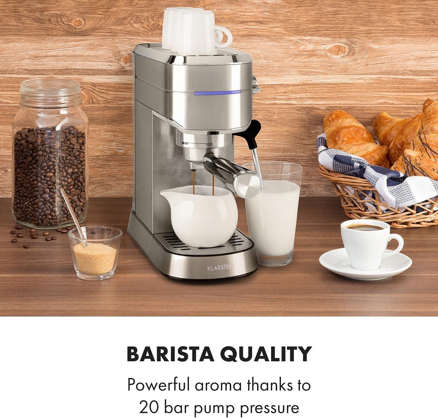 Klarstein Futura Macchina per caffè espresso, Macchina per caffè espresso con filtro portatile, 1450 W, 20 bar, Qualità Barista, Doppio ugello, Arresto del flusso, Macchina per caffè espresso con filtro portatile, Funzione montalatte, Argento