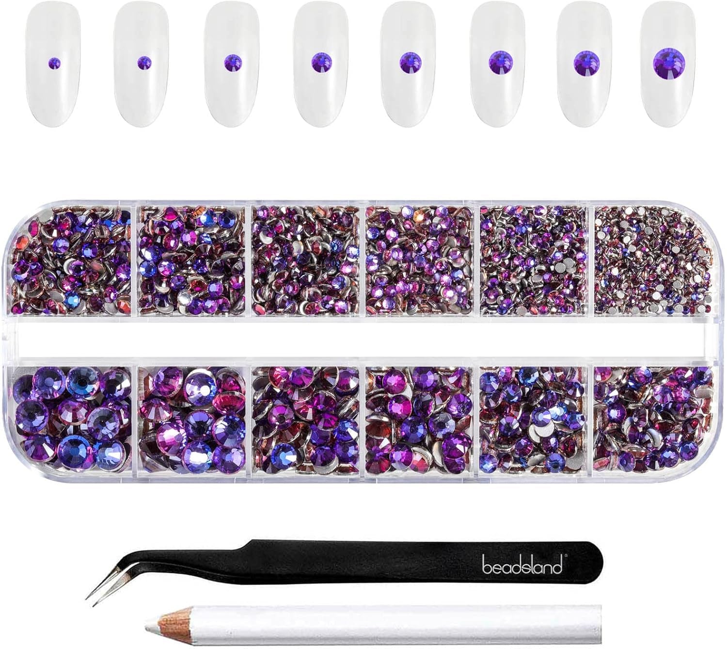 Beadsland 2500 pezzi di vetro per nail art strasssteine ​​​​Kristall Flatback Edelsteine ​​​​Runde, ​​für Handwerk Gemischt 8 Größen SS4 ~ SS30 con picking Pinzette e Stift (Kristall Weiss)