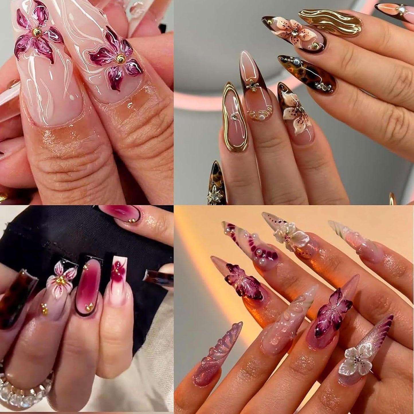 50 ciondoli per unghie con fiori 3D, nail art in gel 3D, ciondoli per unghie, gioielli estivi colorati, accessori per unghie fai da te, cristalli di fiori di ibisco in rilievo, nail art sfumata per le donne