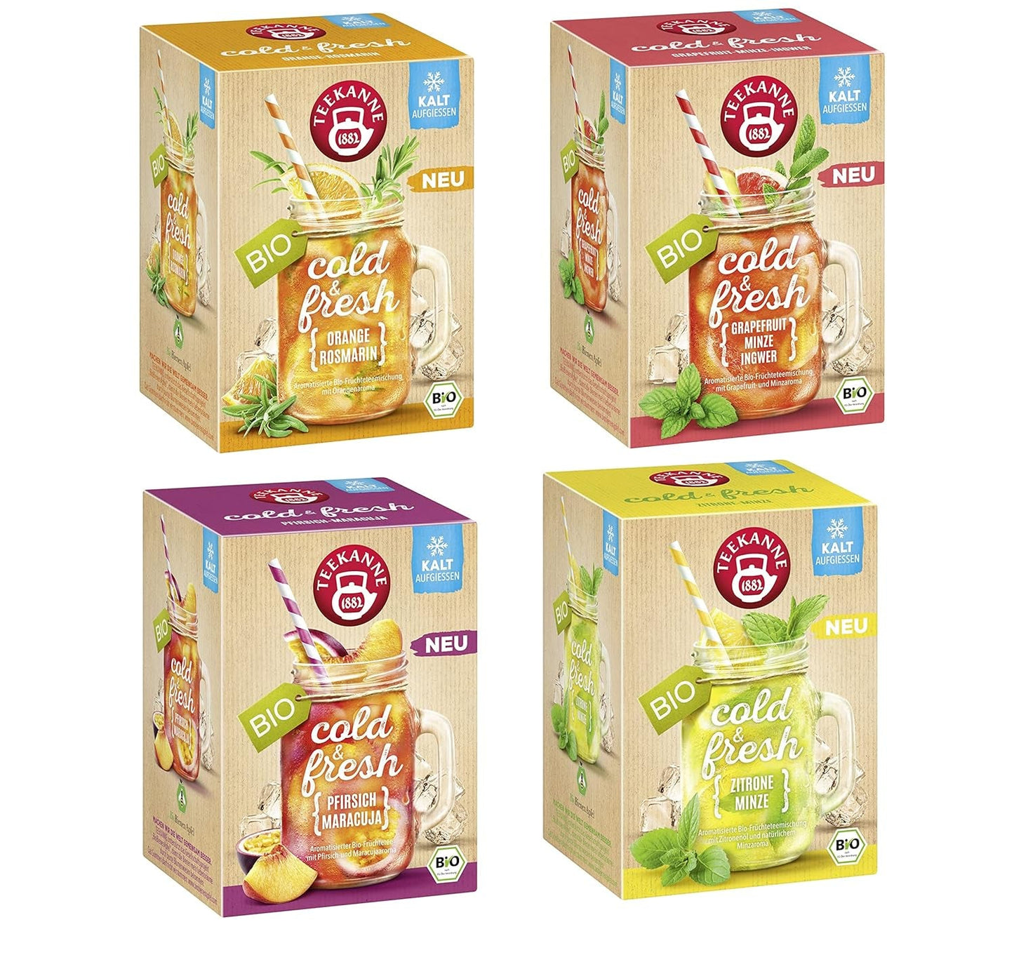 Teekanne Cold & Fresh BIO 4Er Mix - Con le nuove varietà limone-menta, pesca-maracuja, arancia-rosmarino, pompelmo-menta-zenzero (4 X 45G)