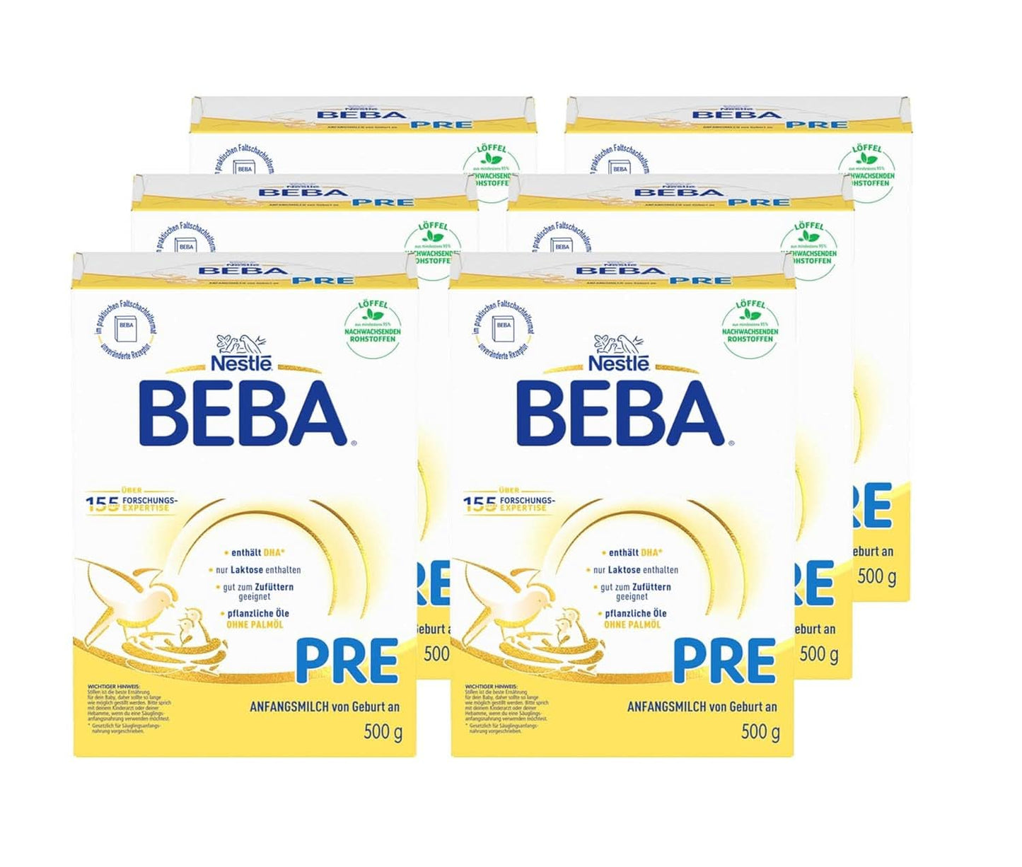 BEBA PRE Latte iniziale dalla nascita, alimenti per l'infanzia con DHA, solo lattosio, senza olio di palma, confezione 3 (3 x 800 g) Naty Shop PRE, set 6 x 500 grammi 6 x 500 grammi