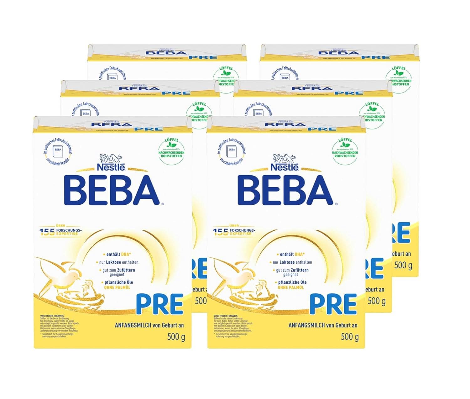 BEBA PRE Latte iniziale dalla nascita, alimenti per l'infanzia con DHA, solo lattosio, senza olio di palma, confezione 3 (3 x 800 g) Naty Shop PRE, set 6 x 500 grammi 6 x 500 grammi