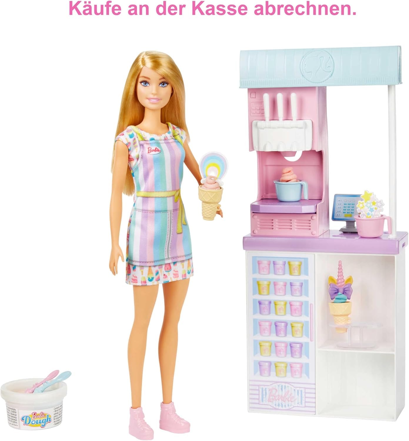 Serie Barbie You Can Be Anything, Gelateria, 1x bambola Barbie dai capelli biondi, macchina per il gelato, Barbie Play-Doh, accessori da forno, regalo per bambini, giocattolo per età 3+, HCN46