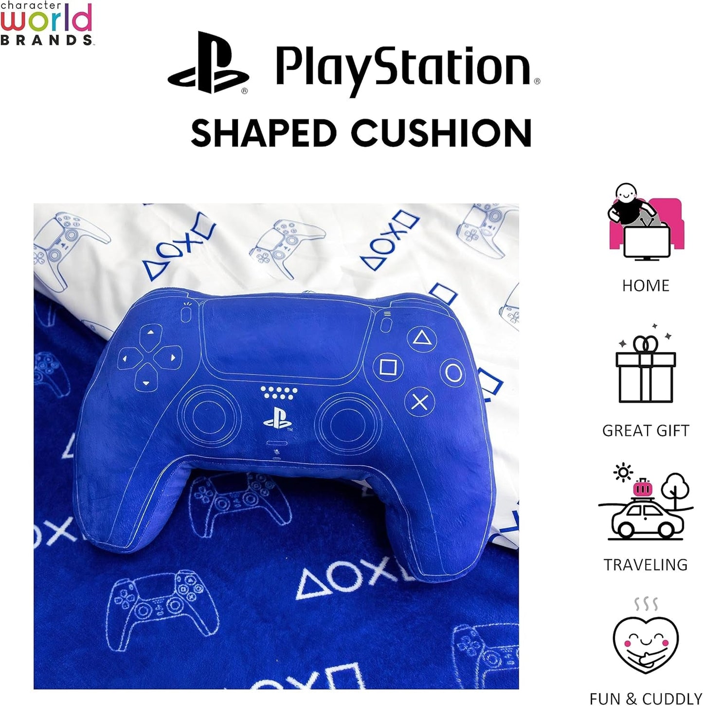 Mondo dei personaggi: cuscino a forma di controller PlayStation con licenza ufficiale, design portatile, cuscino in peluche imbottito | Perfetti per la camera da letto o l'arredamento del gioco, i cuscini standard blu Naty Shop