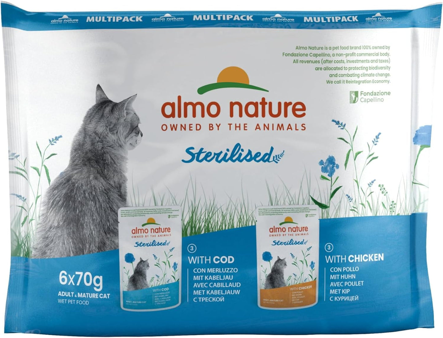 Almo Nature Functional - Sterilized - Alimento umido per gatti adulti e anziani, sterilizzati o meno attivi - con merluzzo e pollo - Basso contenuto di grassi, idratante - 70g (confezione da 6)