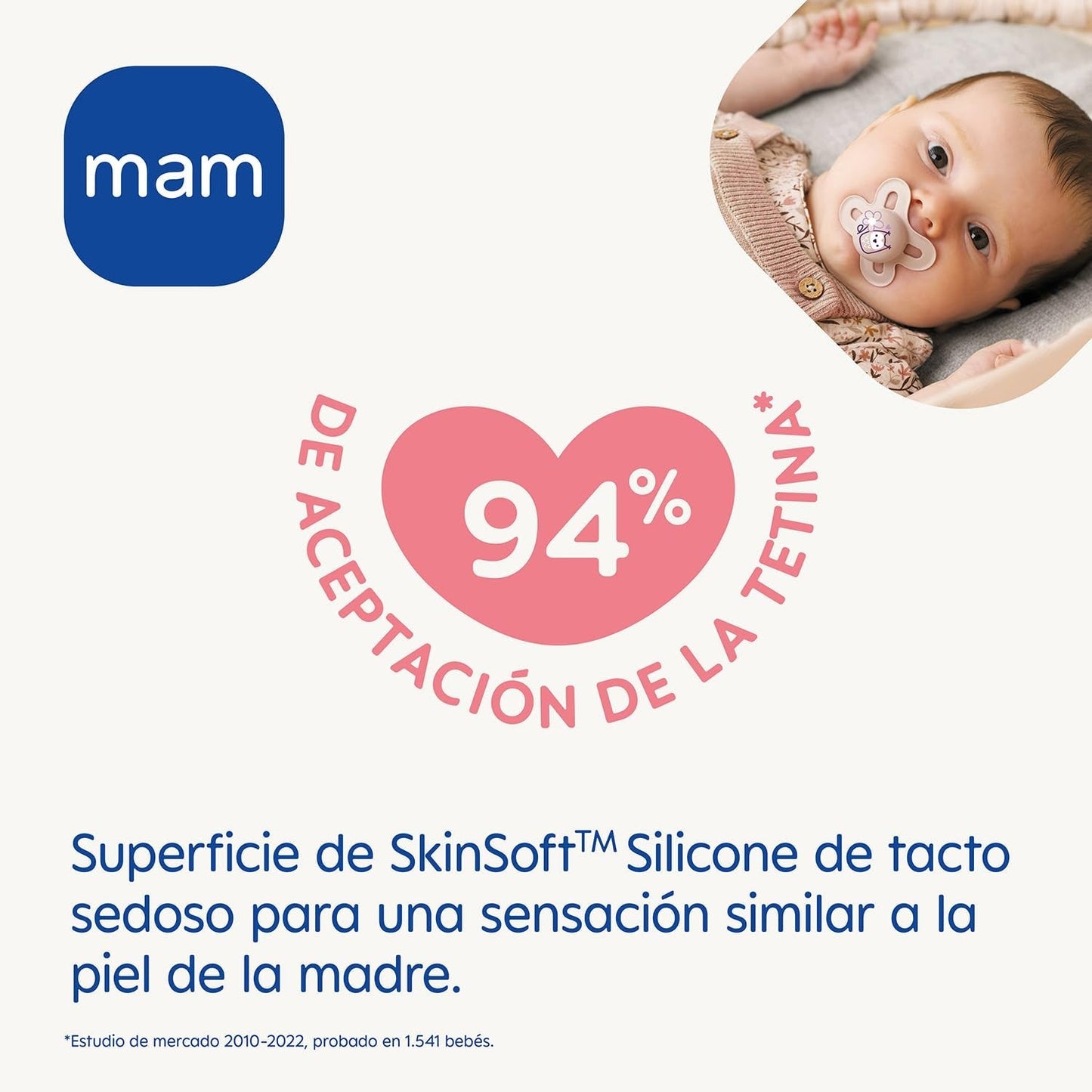Ciuccio MAM da 6 mesi con tettarella simmetrica, piatto e flessibile, morbido silicone, facile da usare, con scatola autosterilizzante, Originale, Azzurro, 2 pezzi