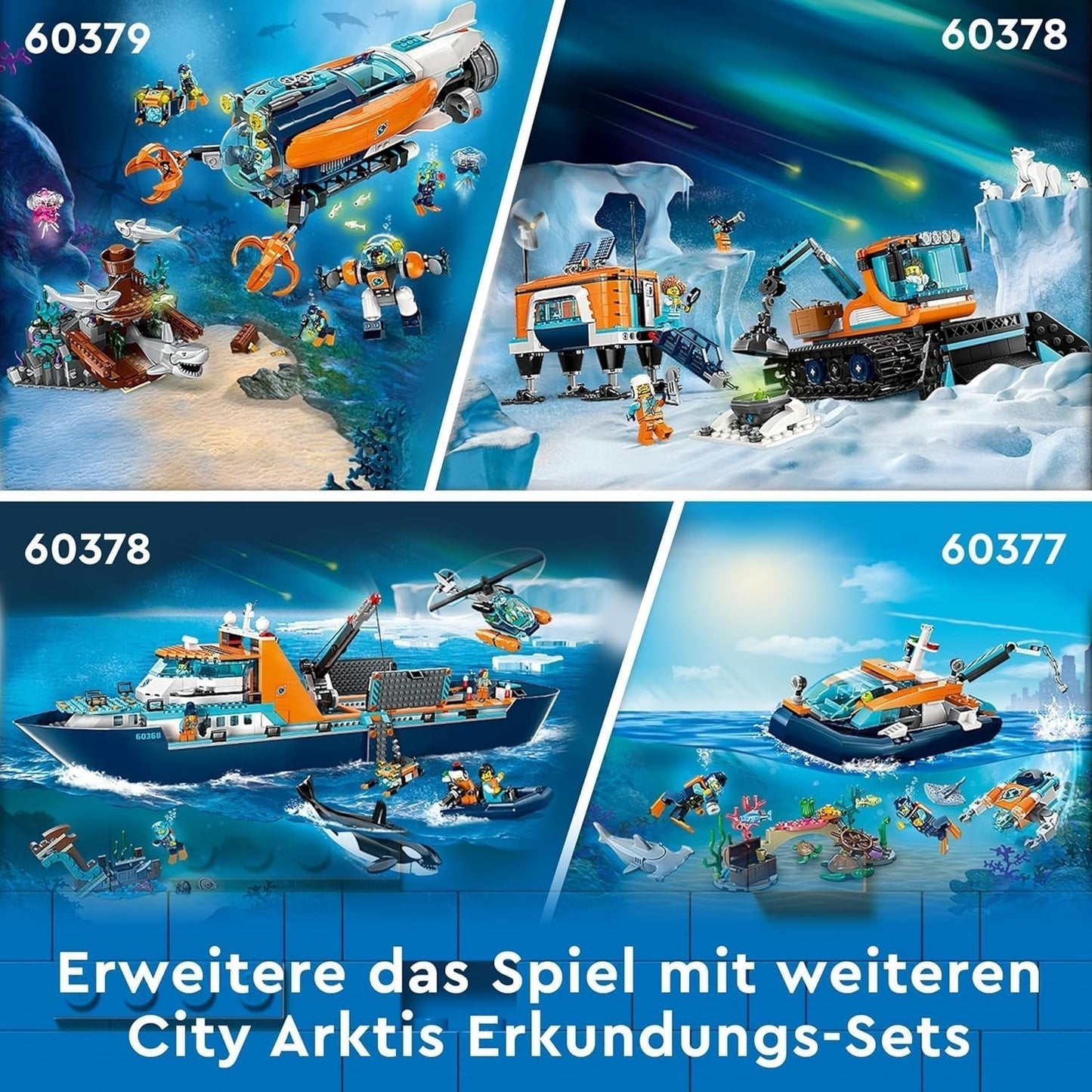 LEGO City Nave da ricerca artica, grande barca giocattolo galleggiante con elicottero, gommone, sottomarino Rov, relitto vichingo, 7 minifigure e figura dell'orca, regalo per bambini dai 7 anni in su 60368 Set da costruzione Besuche den LEGO-Store