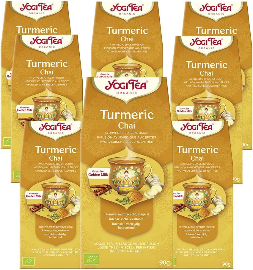Yogi Tea - Kurkuma Chai Tè ayurvedico speziato biologico Senza caffeina Curcuma Cannella Miscela di zenzero Tè Yogi sfuso 8 x 90 g (720 g) Confezione regalo ideale