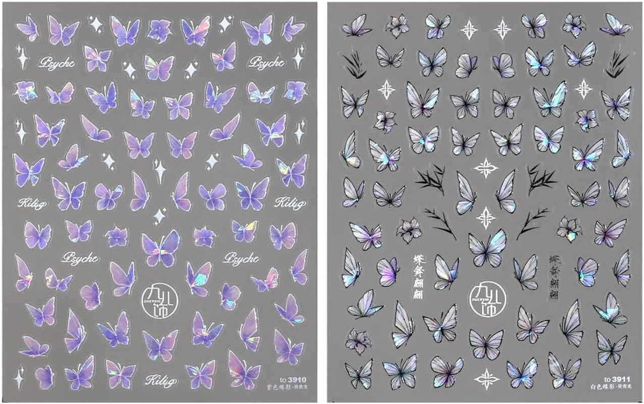 2 Blätter Schmetterling Nagelsticker Selbstklebend,Muschel Glitzer Nail Art Farfalla Adesivo per unghie Lila Grau Schmetterlinge Nagelaufkleber Relief Laser Farfalle Nagel Sticker Nageldesign Zubehör