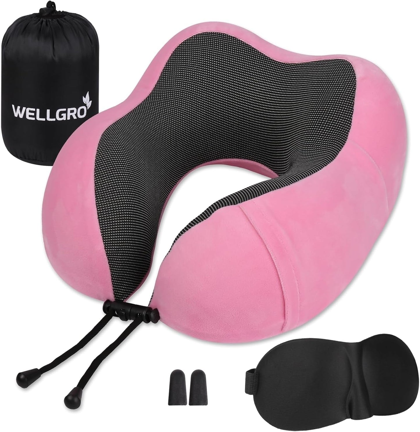 WELLGRO Set Cuscini per Collo con Mascherina per Dormire 3D e Tappi per Le Orecchie - Fodera Rimovibile - Memory Foam - Chiusura con Cerniera - Include Custodia - Cuscino da Viaggio - Colore Selezionabile, Colore:Grigio Naty Shop Rosa Cuscini Cervicali Ortopedici