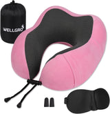 WELLGRO Set Cuscini per Collo con Mascherina per Dormire 3D e Tappi per Le Orecchie - Fodera Rimovibile - Memory Foam - Chiusura con Cerniera - Include Custodia - Cuscino da Viaggio - Colore Selezionabile, Colore:Grigio Naty Shop Rosa Cuscini Cervicali Ortopedici