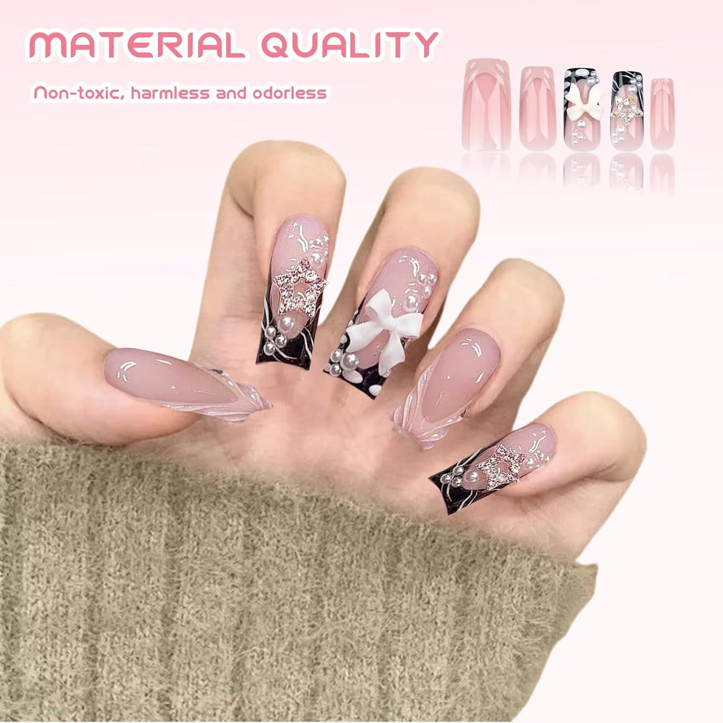 24 pezzi di strass di media lunghezza rosa perla quadrata glitter 3D unghie finte per donne e ragazze