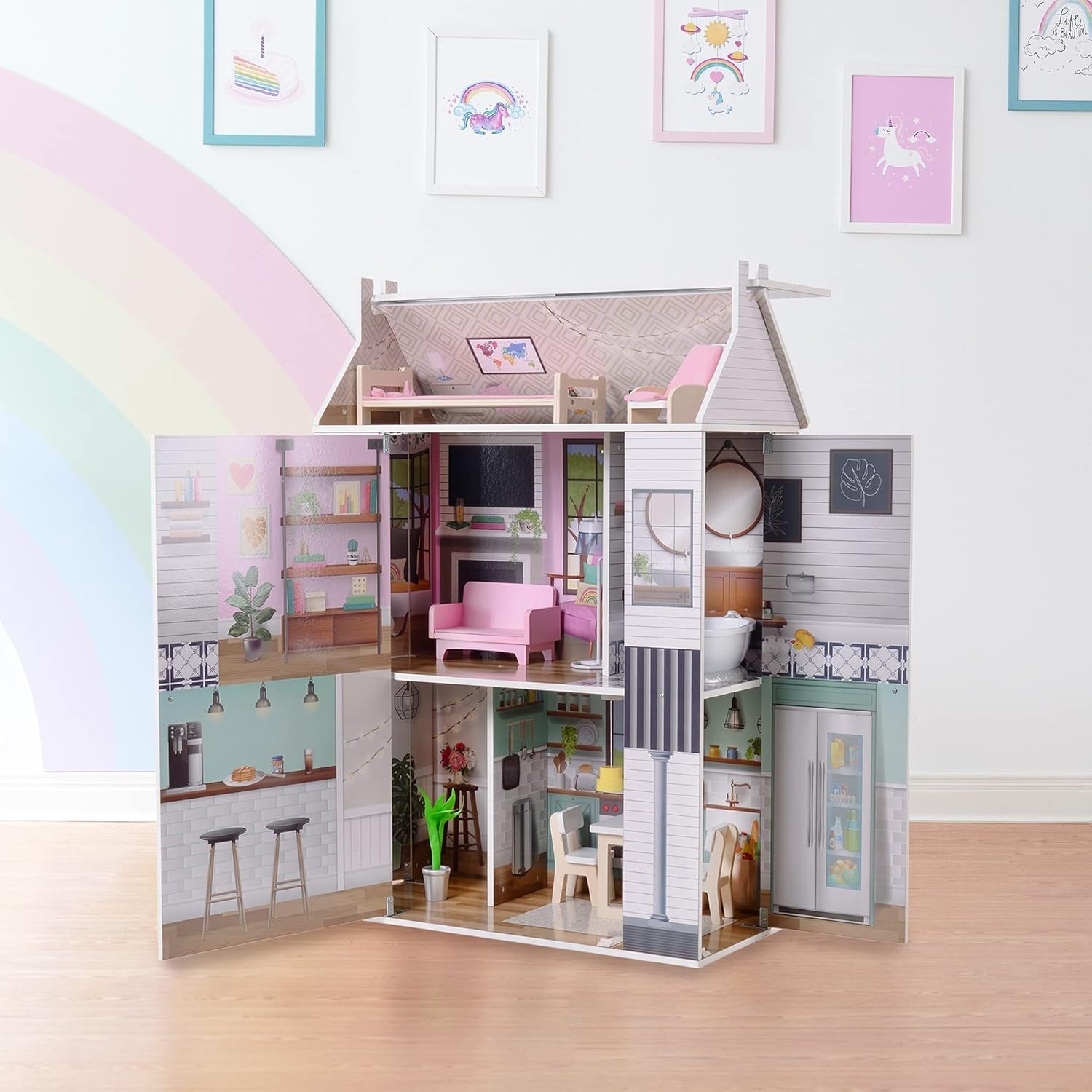 Olivia's Little World Dreamland Casa delle bambole interattiva in legno a 3 livelli con 13 accessori per mobili per bambole Bianco TD-13632A