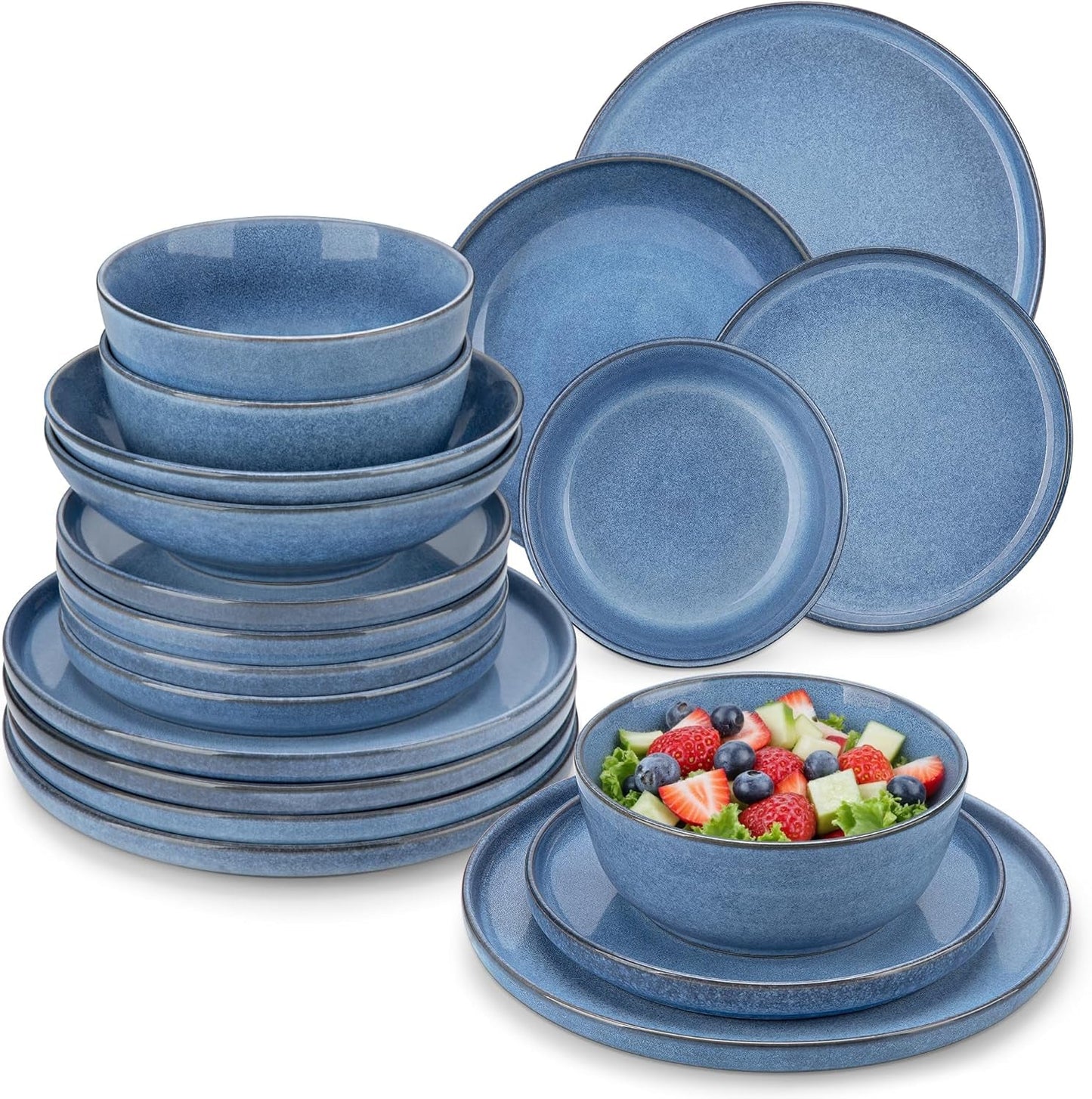Steingut Geschirrset 6 Personen, vancasso ANYA Blau Teller Set Modern 24 teilig, Tafelservice mit Speiseteller, Suppenteller, Desserttellern, Schüsseln, Geschirr Set Spülmaschinen und Mikrowellenfest