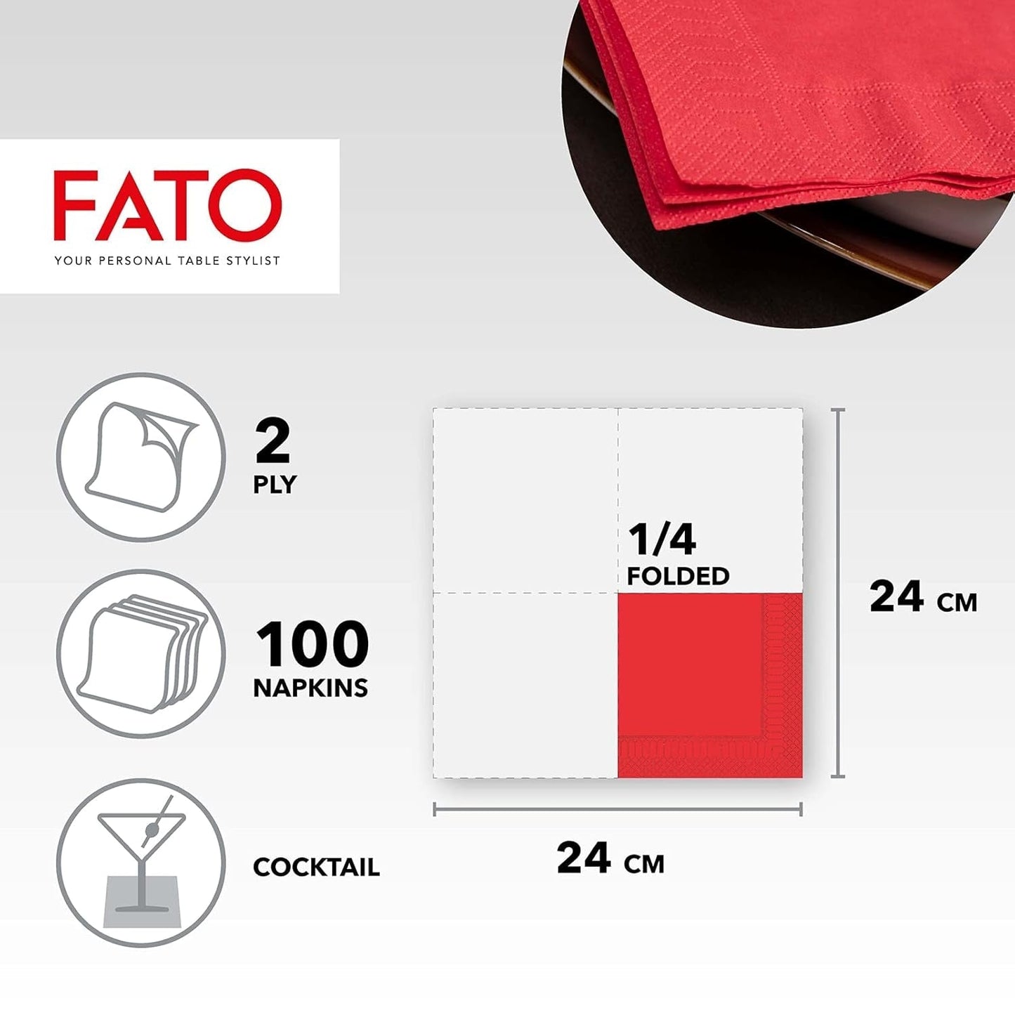 - Tovaglioli di carta usa e getta, ideali per aperitivi e cocktail, confezione da 100 tovaglioli, misura 24X24, 4 pieghe, 2 strati, colore rosso, carta di pura cellulosa 100%, certificata Fsc