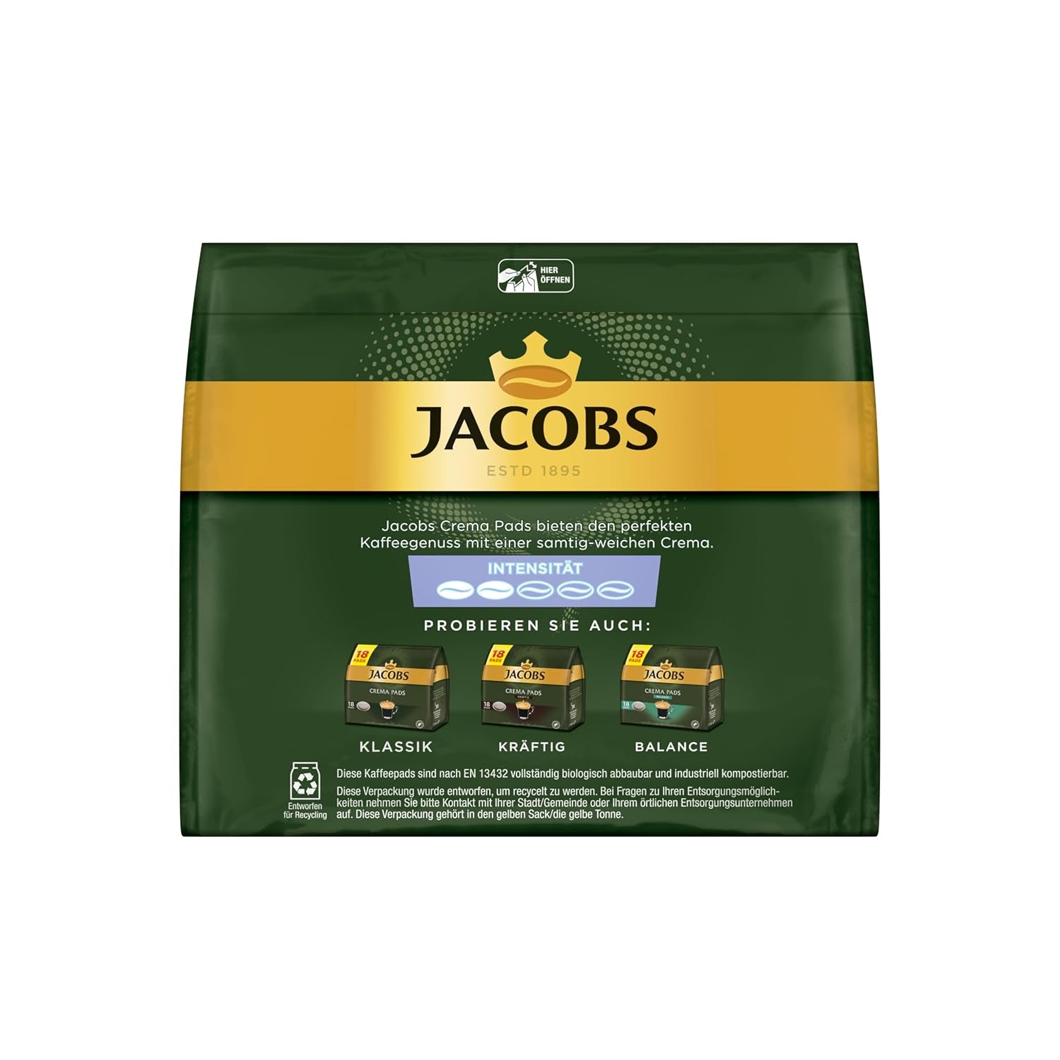 Jacobs Pads Crema Mild, Pads compatibili Senseo, 5 x 18 Getränke, 90 Kaffeepads