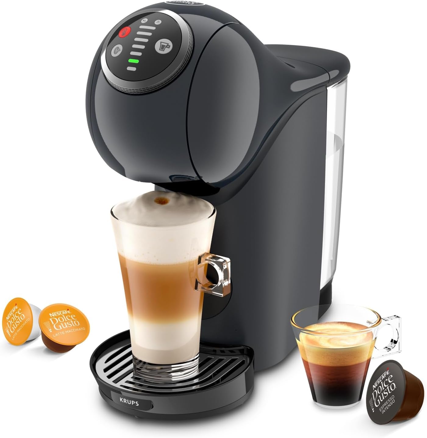NESCAFÉ Dolce Gusto Genio S Plus di Krups, macchina da caffè a capsule compatta, capacità 0,8 litri, 1500 watt, avviso di decalcificazione automatica, grigio siderale, KP340B