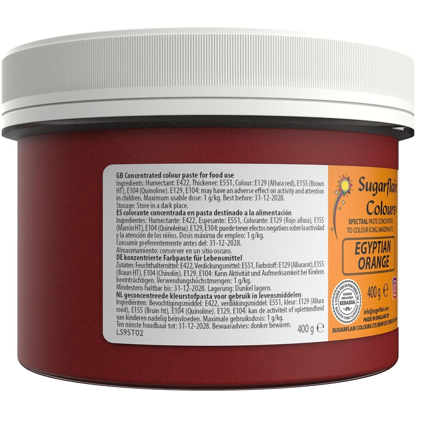 Sugarflair Colorante Alimentare per Pasta, Arancia Egiziana, Colorante Alimentare per Pasta, Fondente e Marzapane, Colori Concentrati Spettrali - 400g