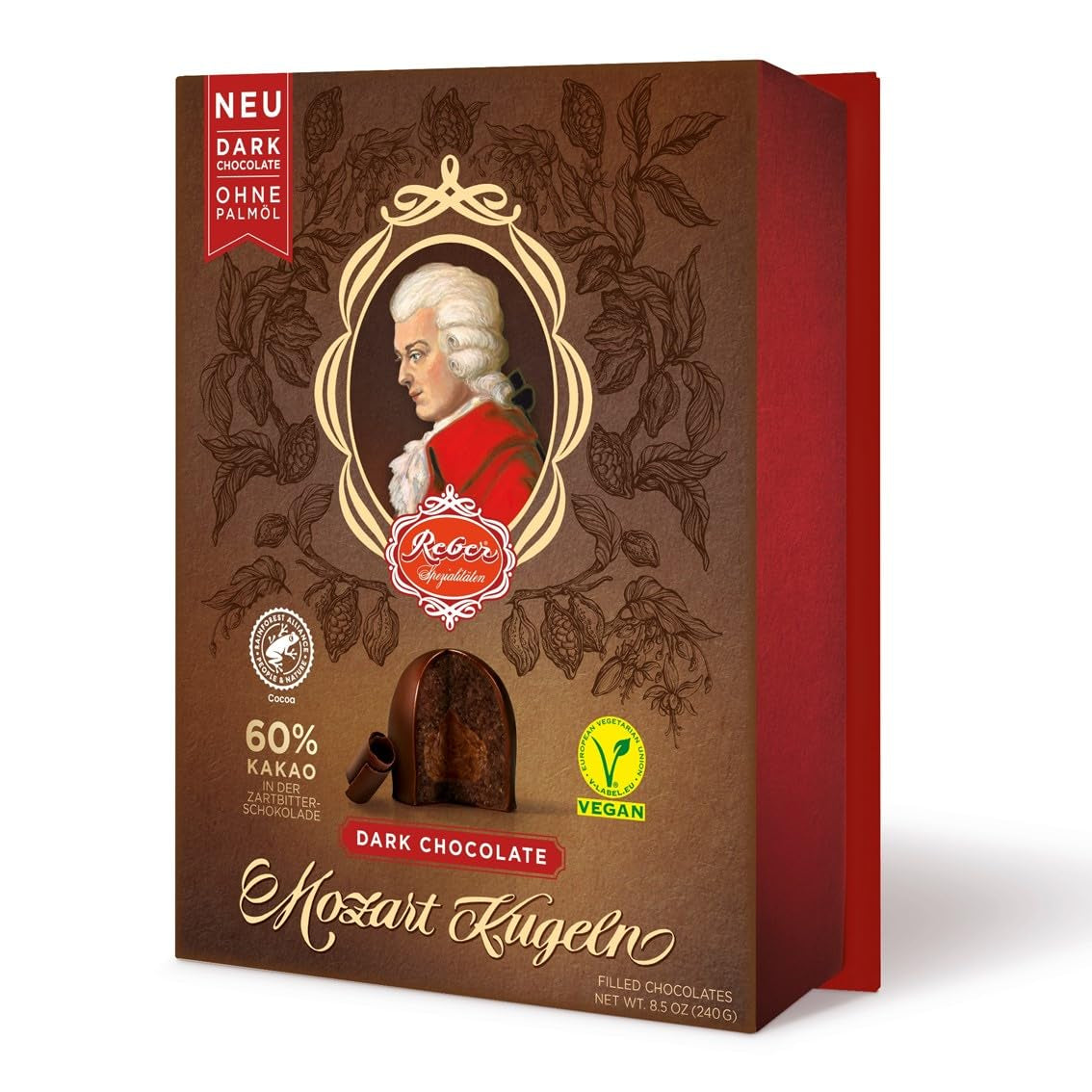 Reber Mozart palline al cioccolato fondente, confezione da 6 con marzapane e torrone, vegan - 1 x 120 g