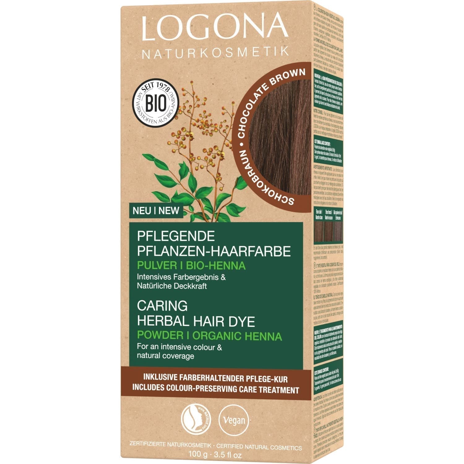 LOGONA Natural Cosmetics Tintura per capelli nutriente alle erbe, tintura per capelli vegana in polvere di henné biologico per colore e lucentezza intensi, tintura per capelli alle erbe in biondo ramato (biondo), 1 x 100 g di tintura per capelli castano cioccolato Naty Shop 100 g (1 confezione)
