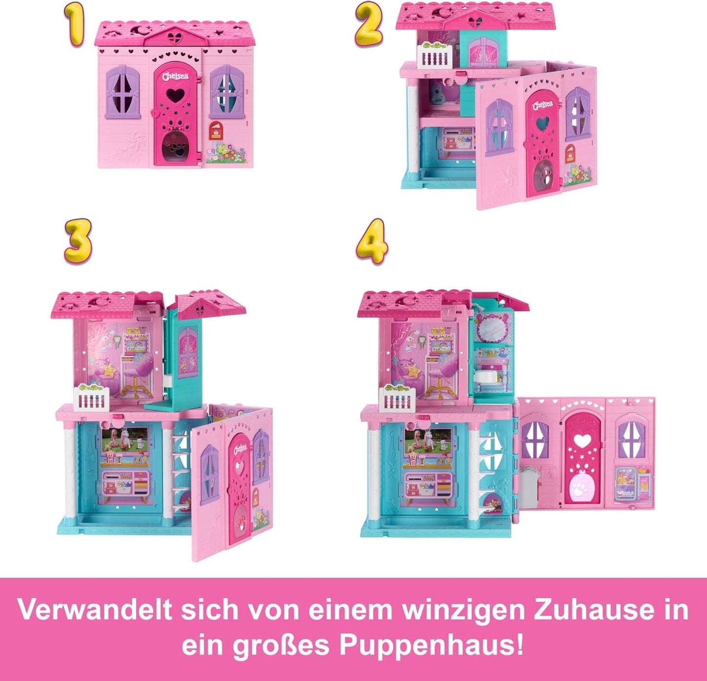 Casa delle bambole Barbie Chelsea con oltre 15 accessori, la casa pop-up si espande fino a 42 x 33 cm con 5 aree gioco e uno scivolo, con una piccola bambola e un cane, JFW49