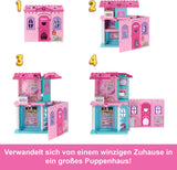 Casa delle bambole Barbie Chelsea con oltre 15 accessori, la casa pop-up si espande fino a 42 x 33 cm con 5 aree gioco e uno scivolo, con una piccola bambola e un cane, JFW49