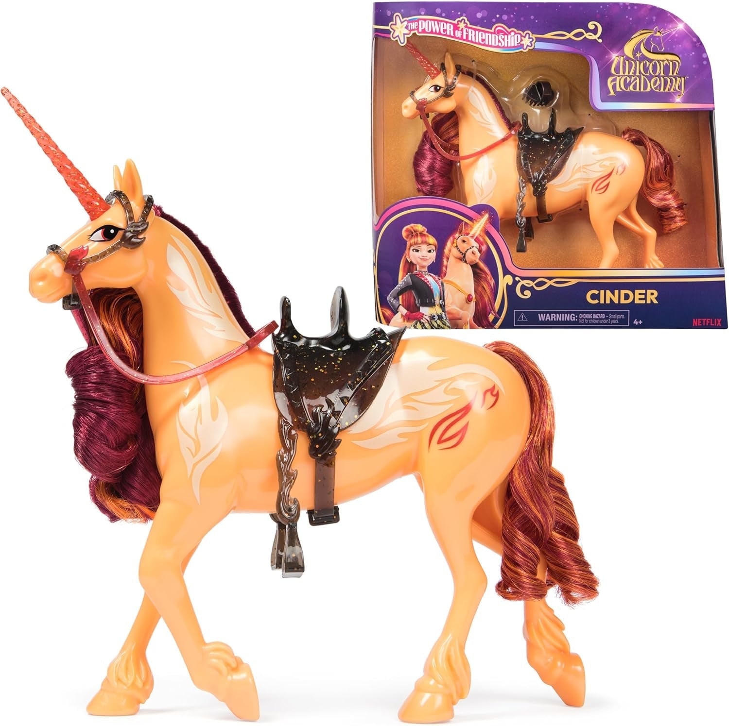Unicorn Academy Cinder l'Unicorno - Unicorno originale Valentina della serie Netflix alto 28 cm, con vera criniera e coda, briglie, sella e spazzola rimovibili, per bambini dai 4 anni in su