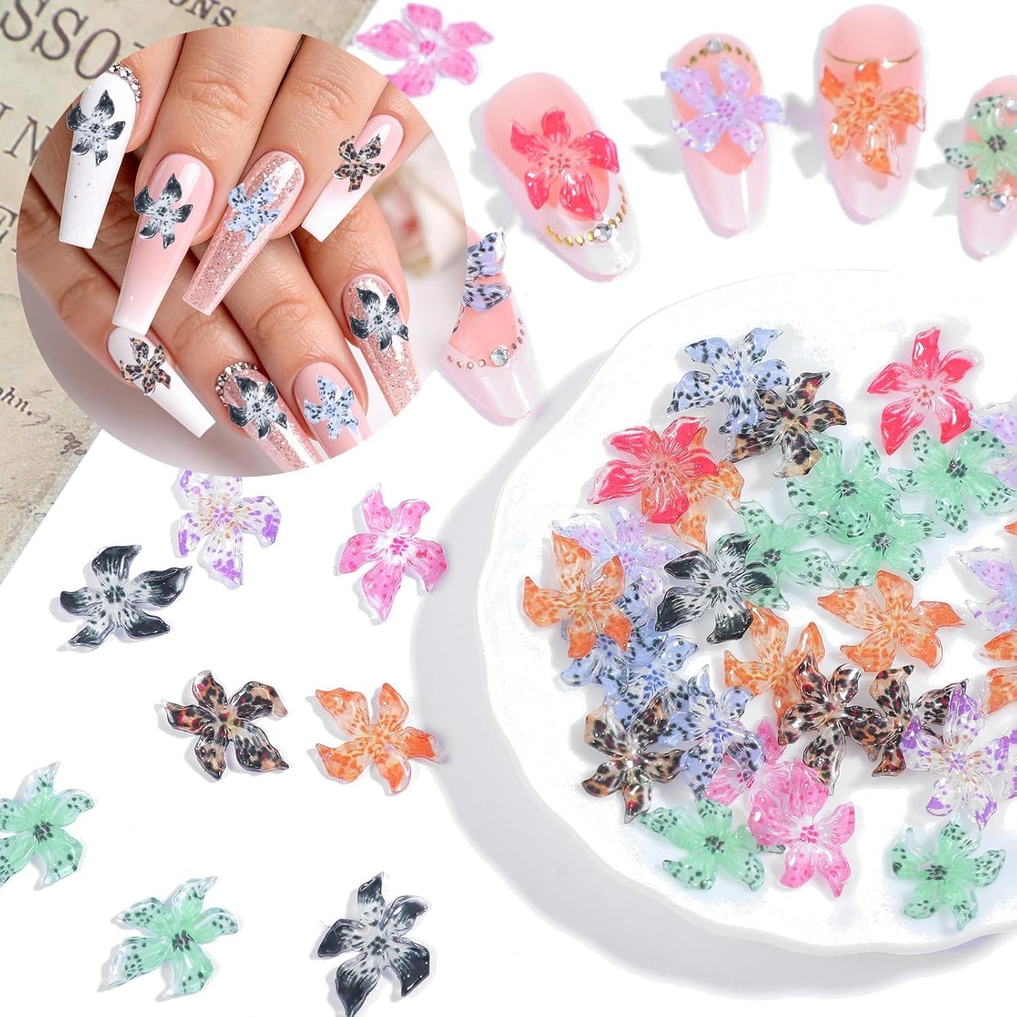 50 pz 3D Blumen Nägel Nail Charms Bunt Gelee Weich Kleber Lilie Flower Blume Nagel Hibiscus Zubehör Nageldesign Eis Kristall Geprägt Farbverlauf Lilien Für Mädchen Frauen Diy Basteldekoration