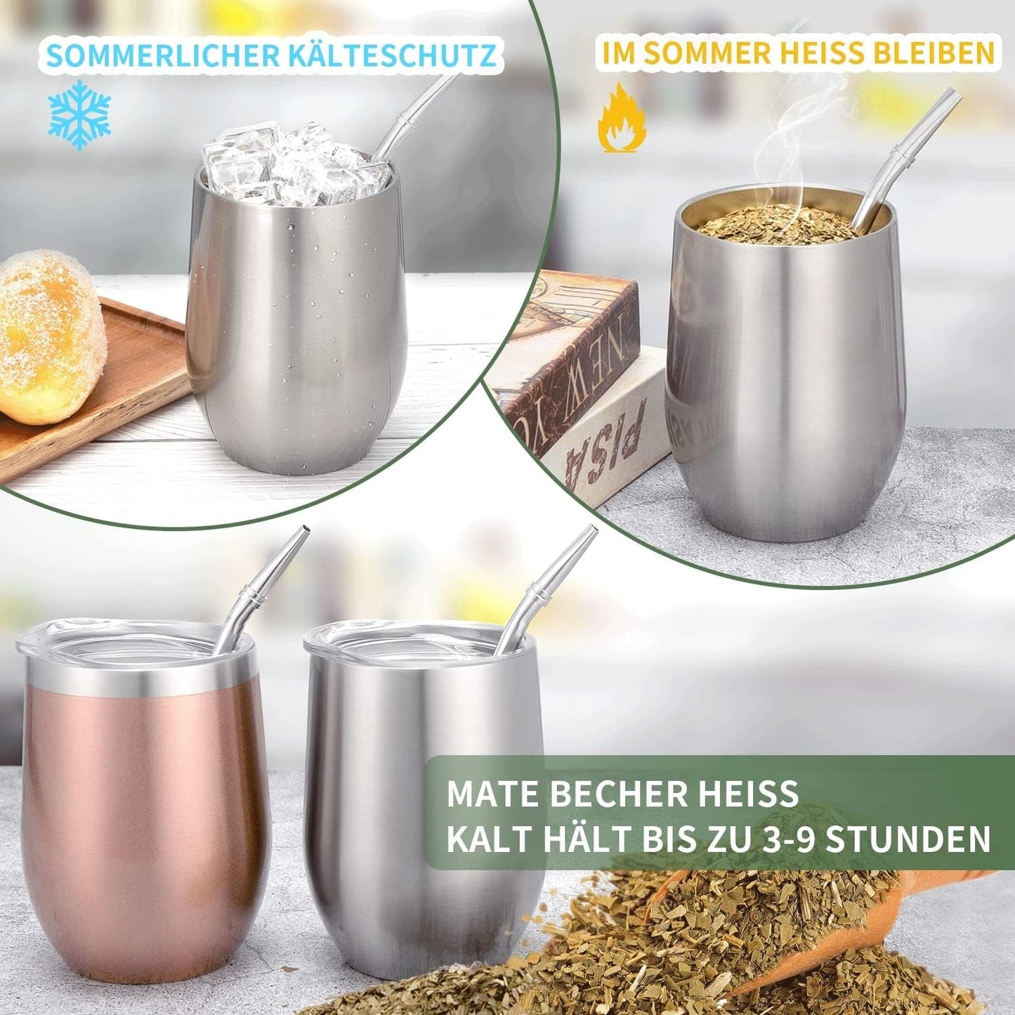 Tazza Modern Mate da 340 ml, Set di Tazze Yerba Mate in Acciaio Inossidabile a Doppia Parete coibentato, Tazza da tè Mate con Coperchio Senza BPA, Bombillas e una Spazzola per la Pulizia (Argento)