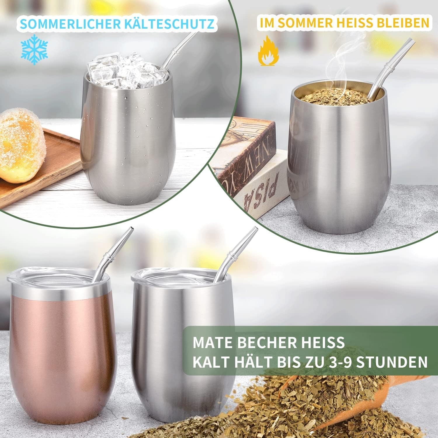 Tazza Modern Mate da 340 ml, Set di Tazze Yerba Mate in Acciaio Inossidabile a Doppia Parete coibentato, Tazza da tè Mate con Coperchio Senza BPA, Bombillas e una Spazzola per la Pulizia (Argento)
