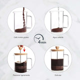 Caffettiera francese, Pressa per caffè, Caffettiera a stantuffo, Caffettiera con filtro francese, 3 tazze, 0,35 L, Acciaio e legno