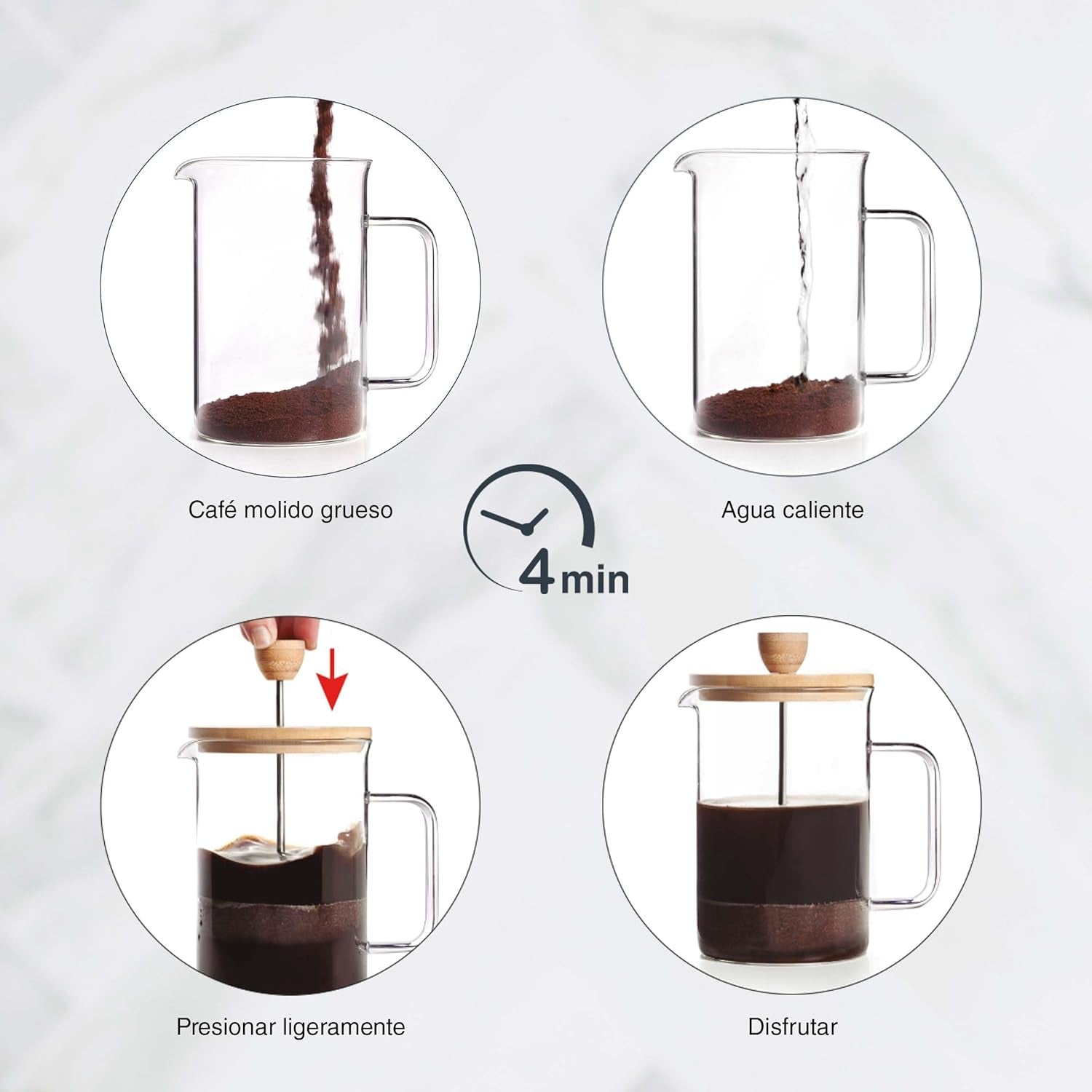 Caffettiera francese, Pressa per caffè, Caffettiera a stantuffo, Caffettiera con filtro francese, 3 tazze, 0,35 L, Acciaio e legno