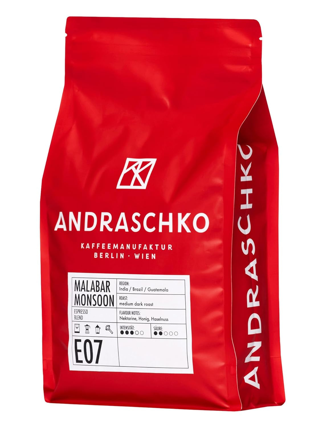 Miscela Malabar Monsoon Espresso - 100% Arabica da Indien, Brasilien & Guatemala - säurearm & ausgefungen mit Nektarine, Honig & Haselnuss - ganze Bohnen, tostatura media scura - 1kg