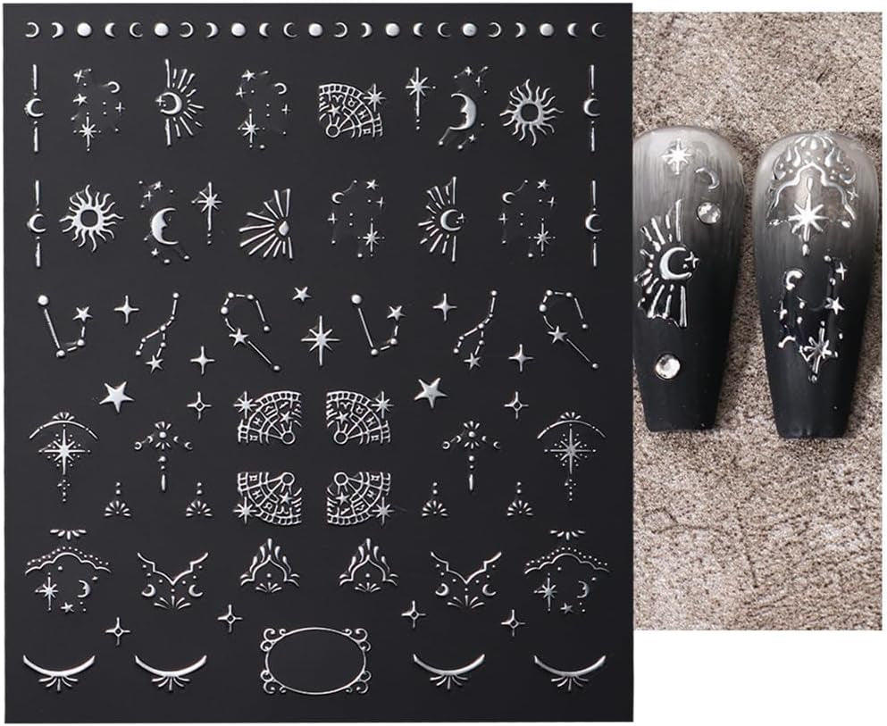 Adesivi per unghie metallizzati argento 3D, adesivi per unghie per donne, stella, luna, sole, lamina per unghie, adesivi autoadesivi, adesivi per unghie farfalla, adesivi per unghie, accessori per design delle unghie, 8 pezzi