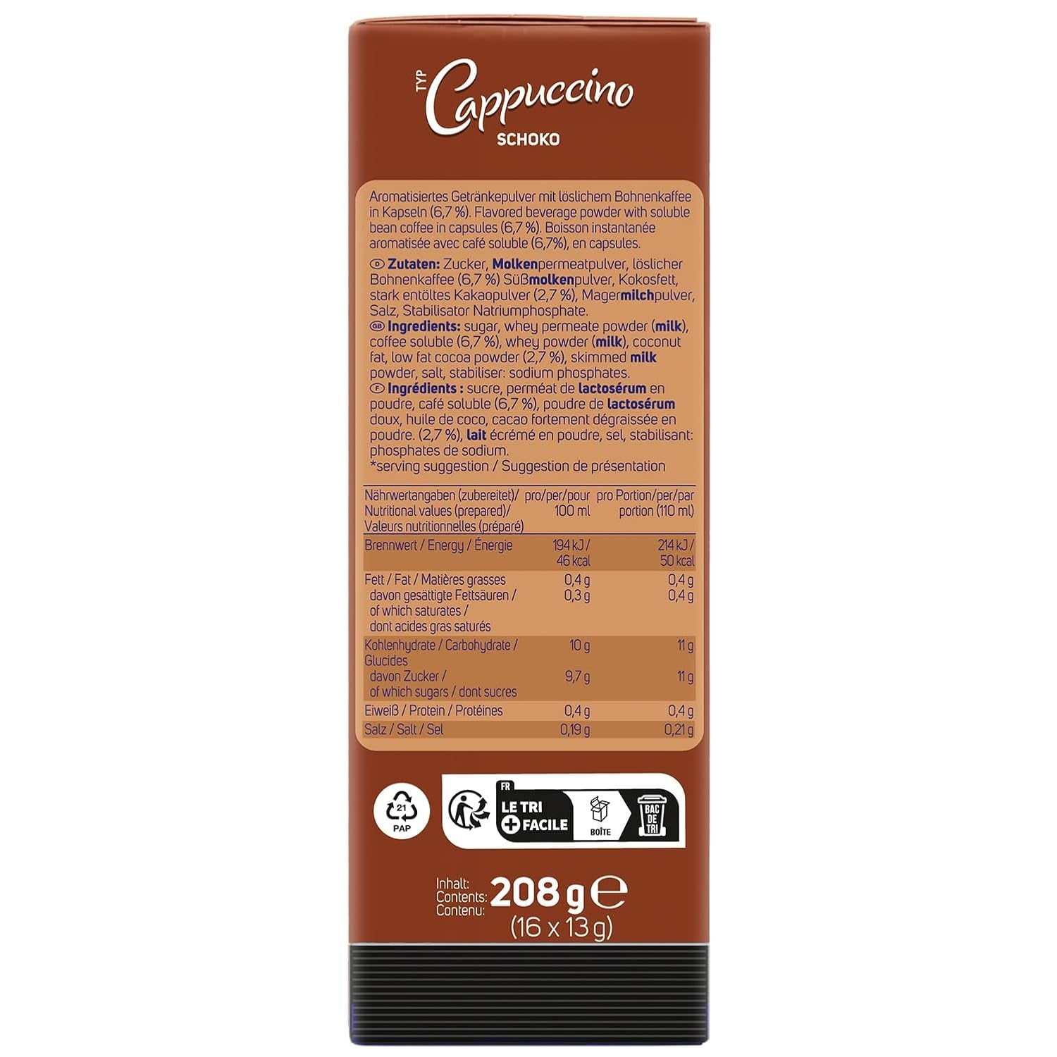 KRÜGER Cappuccino Schoko Capsule di caffè, compatibili con K-fee e ALDI EXPRESSI* Kapselmaschinen, caffè solubile aromatizzato, 96 capsule
