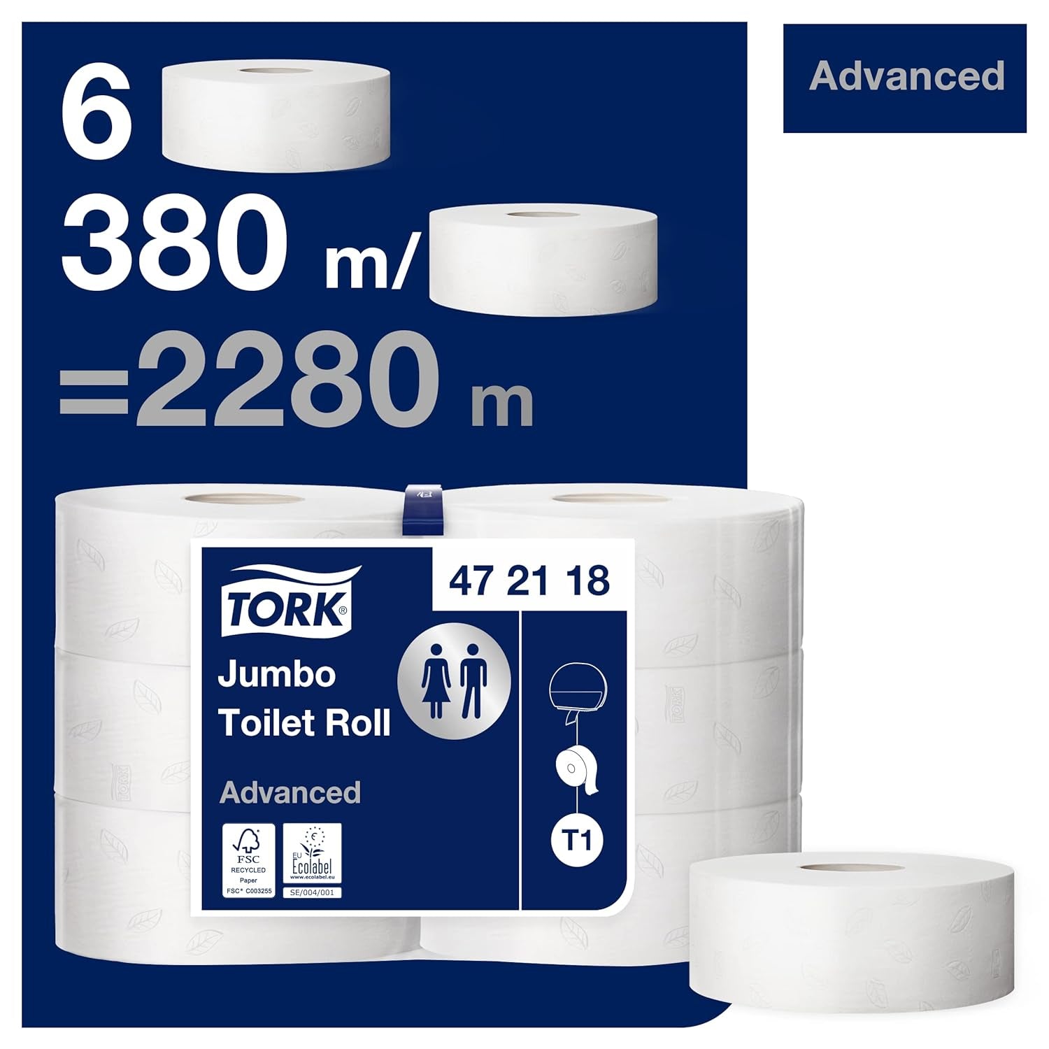 Carta igienica Tork Jumbo White T1, Advanced, 2 strati, 6×380 M, 472118