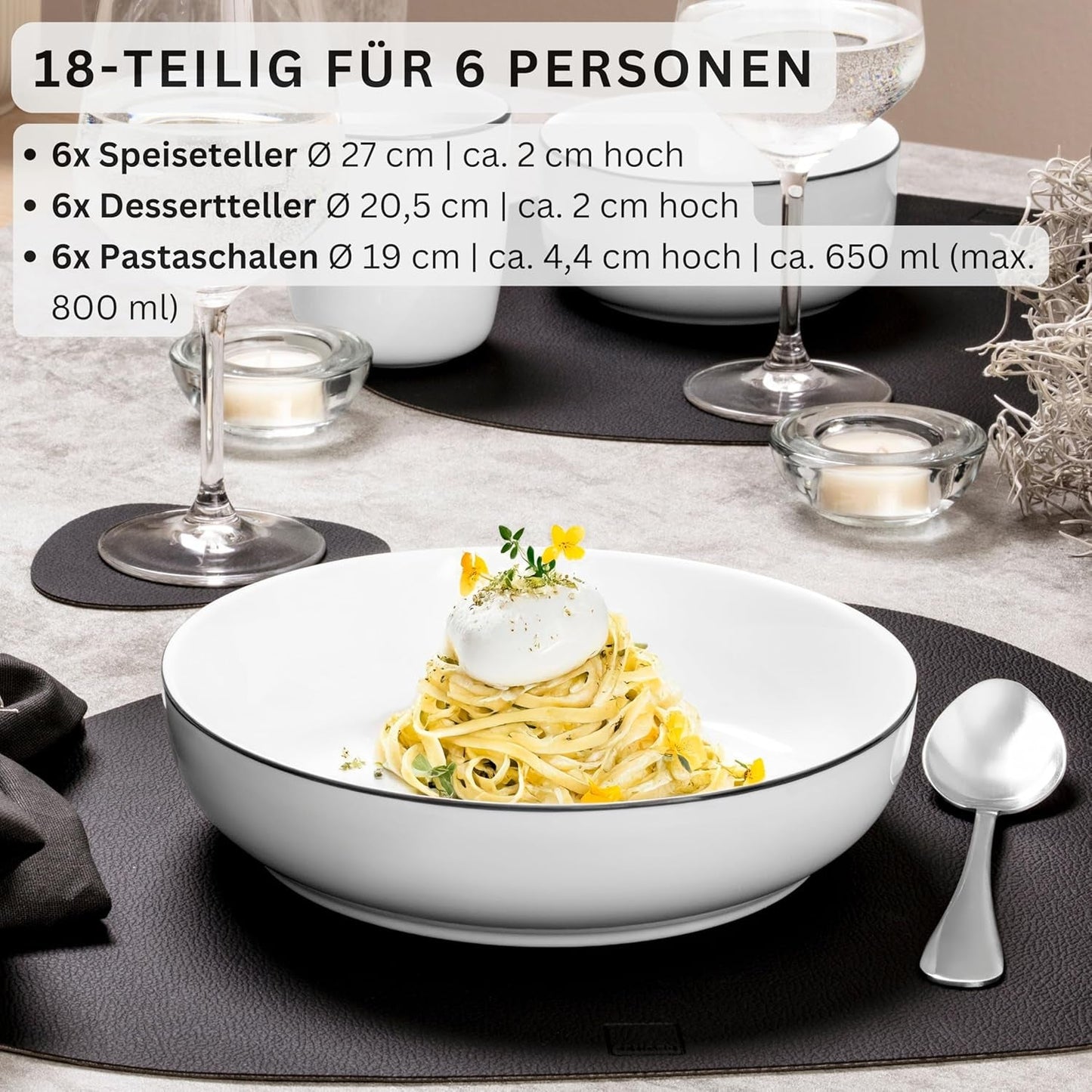 SANGER | Set di stoviglie Marlo Black and White Edge, set di stoviglie in porcellana da 18 pezzi per 6, bianco con accenti neri, piatti piani, piatti da dessert e ciotole, design moderno | LA COLLEZIONE PREMIUM